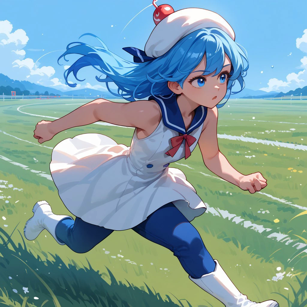 score_9, score_8_up, score_7_up, score_6_up, score_5_up, score_4_up, creamsoda, blue hair, blue eyes, white hat, uniform dress, sleeveless, blue pants, white boots, running, grass