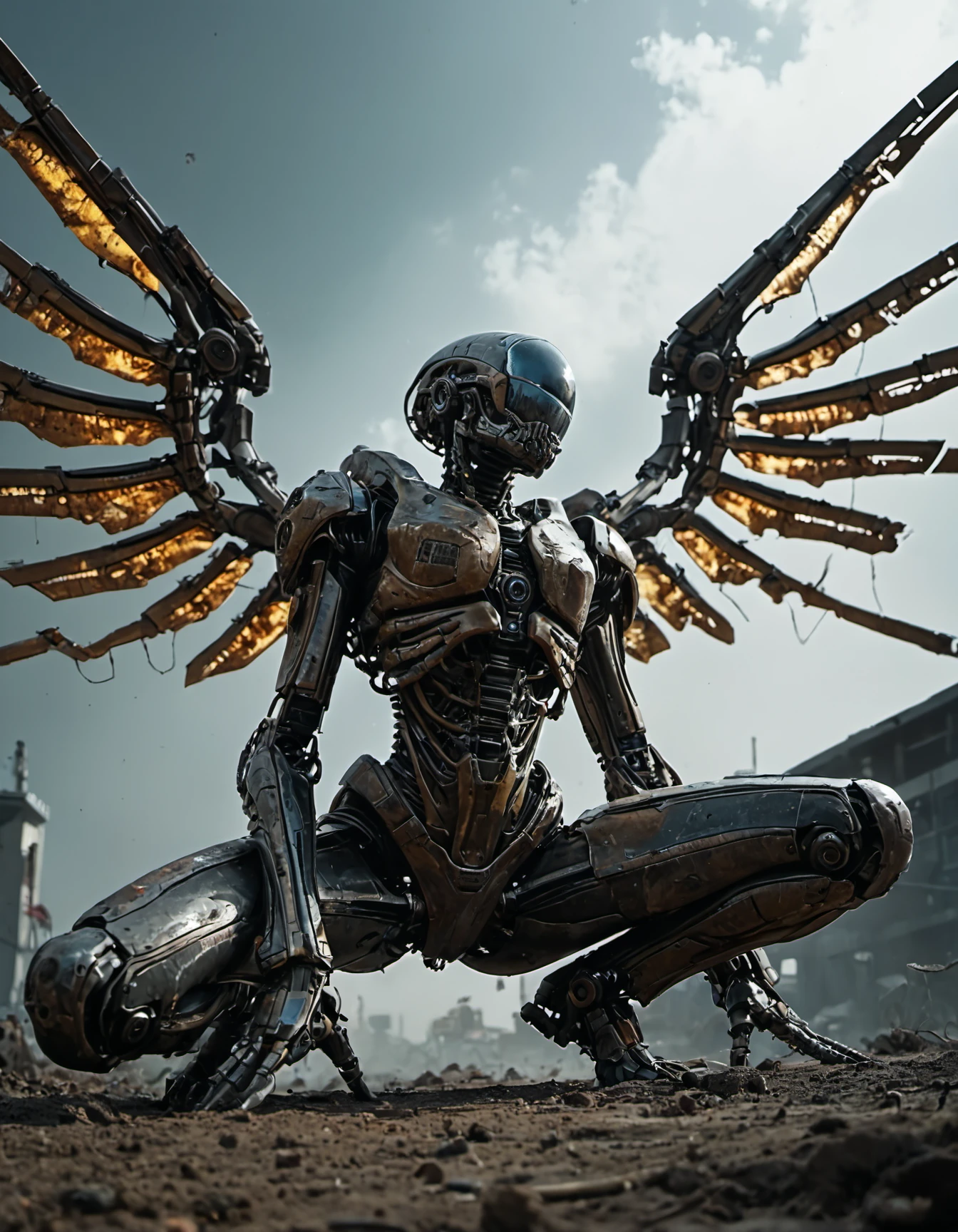 1female, alien cyborg, mechanical angle wings, egzoskeleton armor,  robotic parts, cyber punk dim light, cine still, dutch angle, squat, from below, rust, dust,...
 epic, vibrant, science fiction, cinematic, cgi, .score_9, score_8_up, score_7_up, score_6_up, rating_explicit