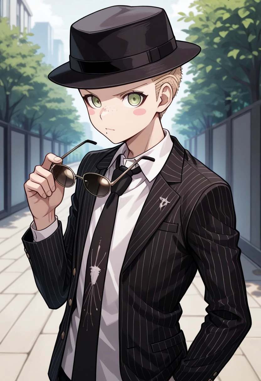 masterpiece, best quality, 
Fuyuhiko, 1boy, male focus, solo, green eyes, blonde hair, very short hair, blush stickers, freckles, mole, mole under mouth, formal, shirt, white shirt, collared shirt, necktie, black necktie, jacket, black jacket, open jacket, open clothes, striped jacket, stripes, vertical stripes, 
hat, holding, hand in pocket, looking at viewer, holding eyewear, sunglasses, black headwear, 
outdoor,