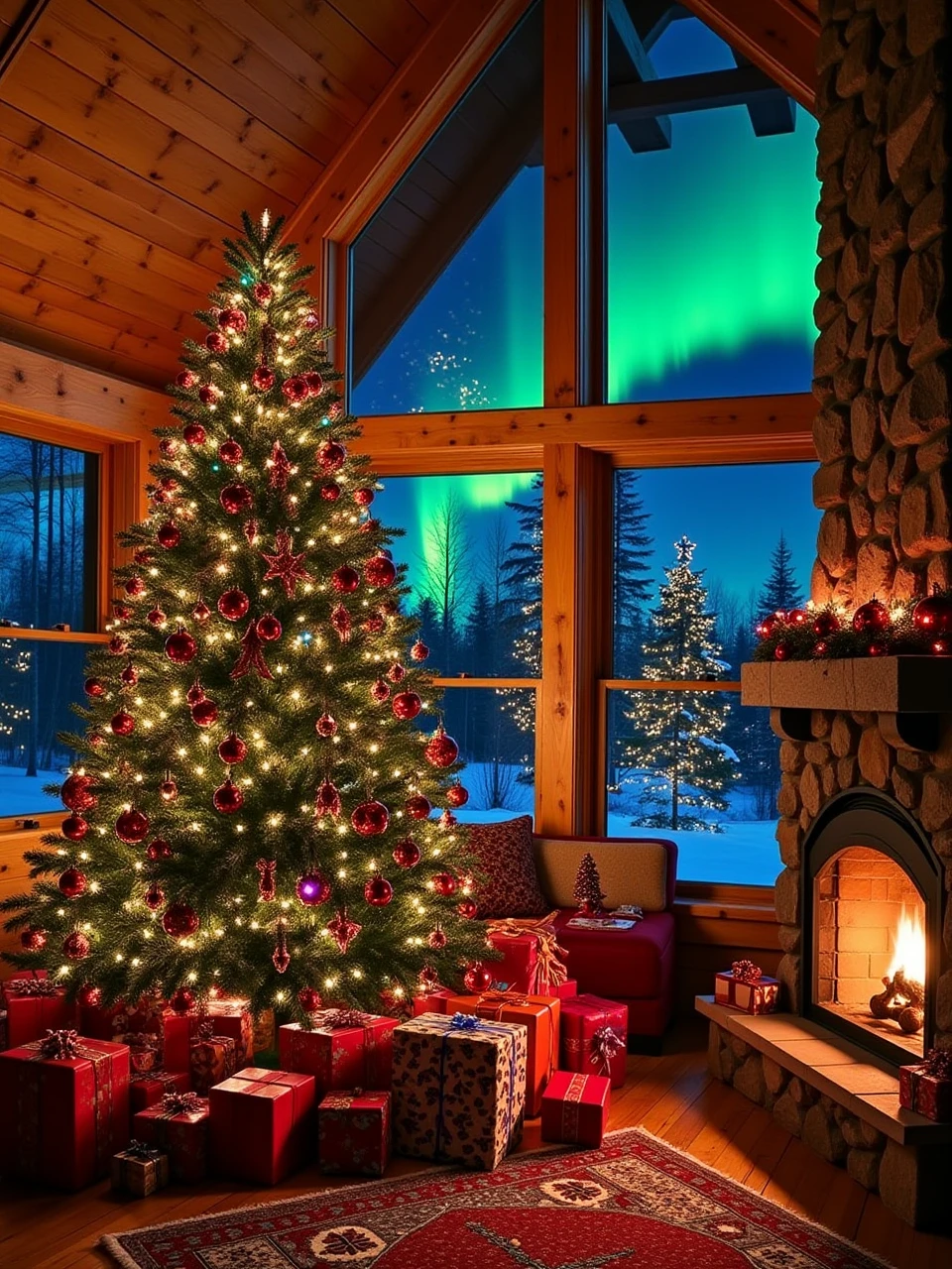 This is a photo taken inside a cozy winter cabin, showing a tall Christmas tree with colorful lights and various Christmas decorations, a pile of colorful gift boxes underneath the tree, a warm fireplace next to the tree, and a colorful aurora borealis in the sky outside the window.
coh24,Christmas tree.