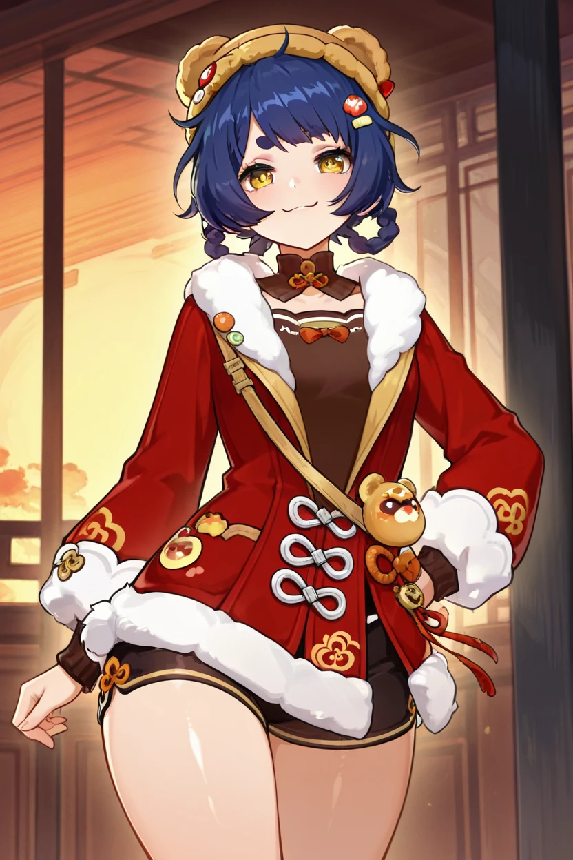 masterpiece, best quality, solo, curvy, beautiful eyes,zzXianglingNC, yellow eyes, blue hair, hair ornament, hair rings, hairclip, short hair, alternate costume, twin braids, sidelocks, long sleeves, hat, jacket, braid, coat, fur trim, chinese clothes, black shorts, ,<lora:Xiangling_NewYearsCheer_IXL_v2:0.8>, cowboy shot, hand on hip, smug, smile, looking at viewer, shiny skin,