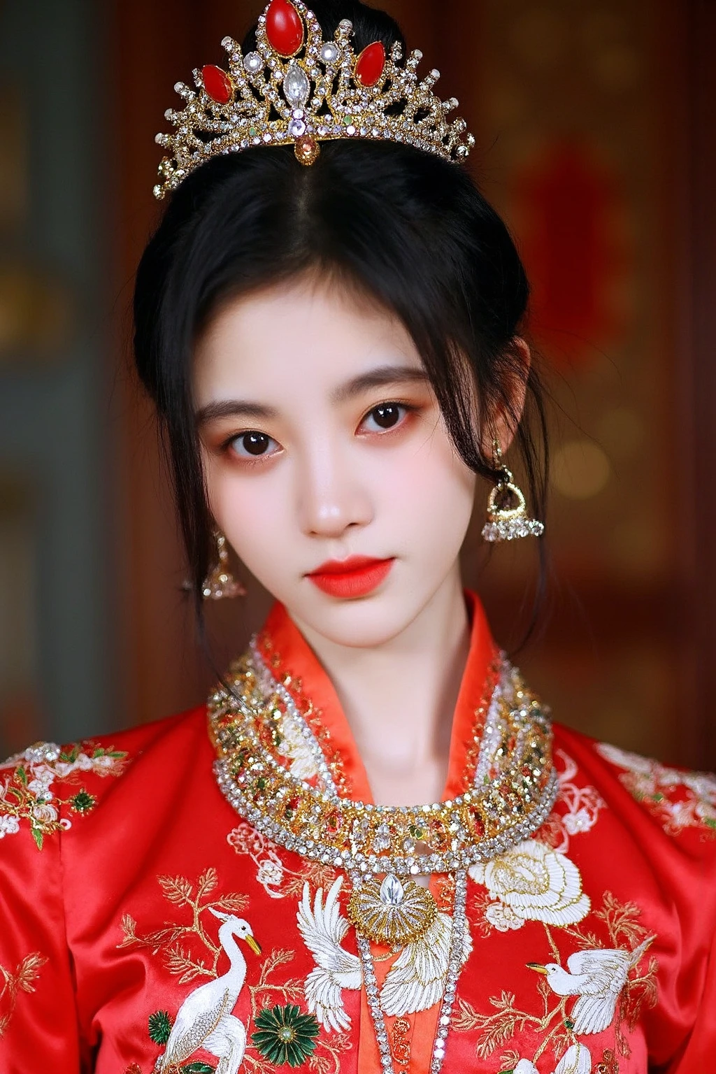 The image depicts a young asian woman adorned in traditional Chinese attire, featuring a striking red robe with intricate white crane and floral embroidery, symbolizing elegance and nobility. she wears an elaborate gold crown with red and white gemstones, along with cascading ornamental chains and hair accessories. her makeup emphasizes a pale complexion with a dramatic touch, including a faint scar or mark near her lips, adding a sense of mystery or drama. The overall mood conveys grace, power, and an enigmatic allure, likely representing a historical or mythical character.,<lora:flux_realism_lora:1>, . <lora:makinaflux_jujingyi_v1.0:1>