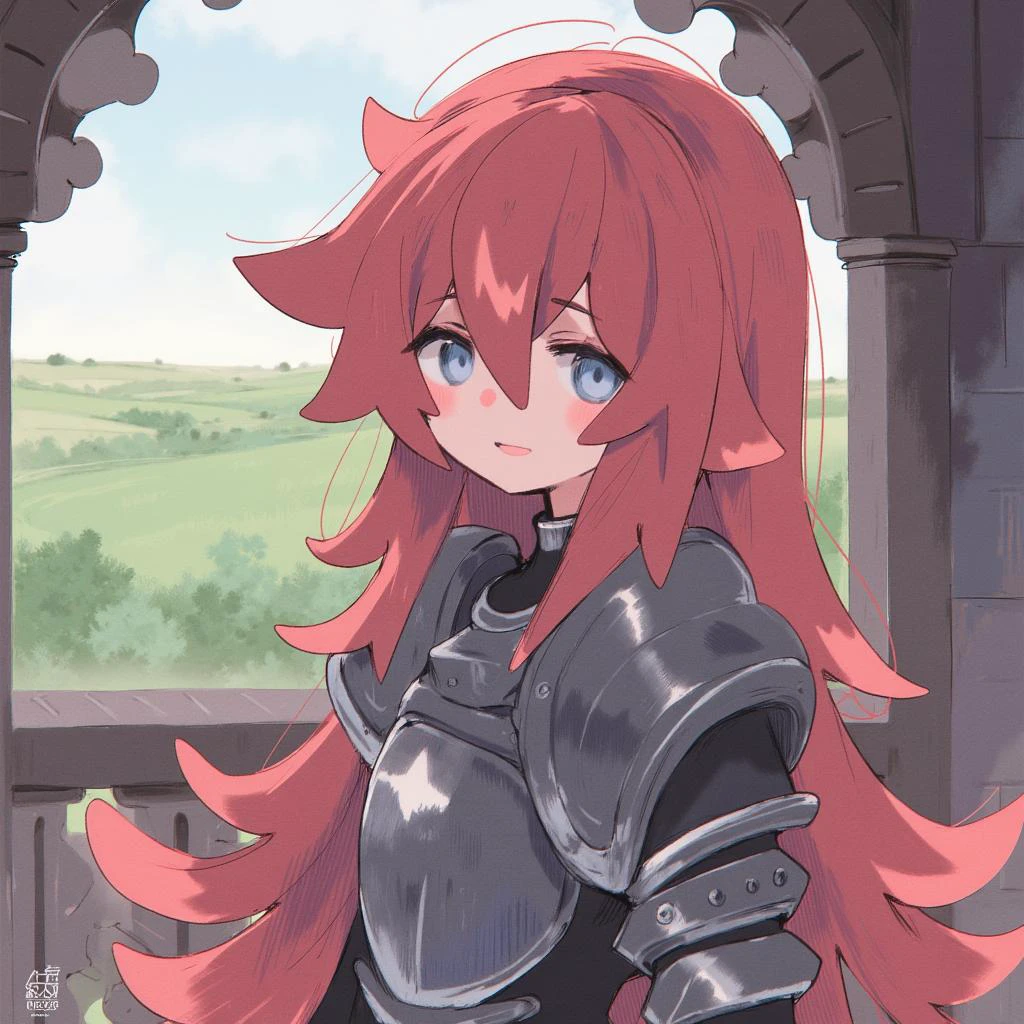 Urcarta \(Artist\), @urct, 裏方 \(芸術家\), 1 young girl with long wispy ruby red hair and blue eyes, wearing a medieval knight armor with metal breast plates and metal pauldrons, close up waist up cinematic shot, smiling with eyeliner, background is a cobble stone balcony overlooking a grass field