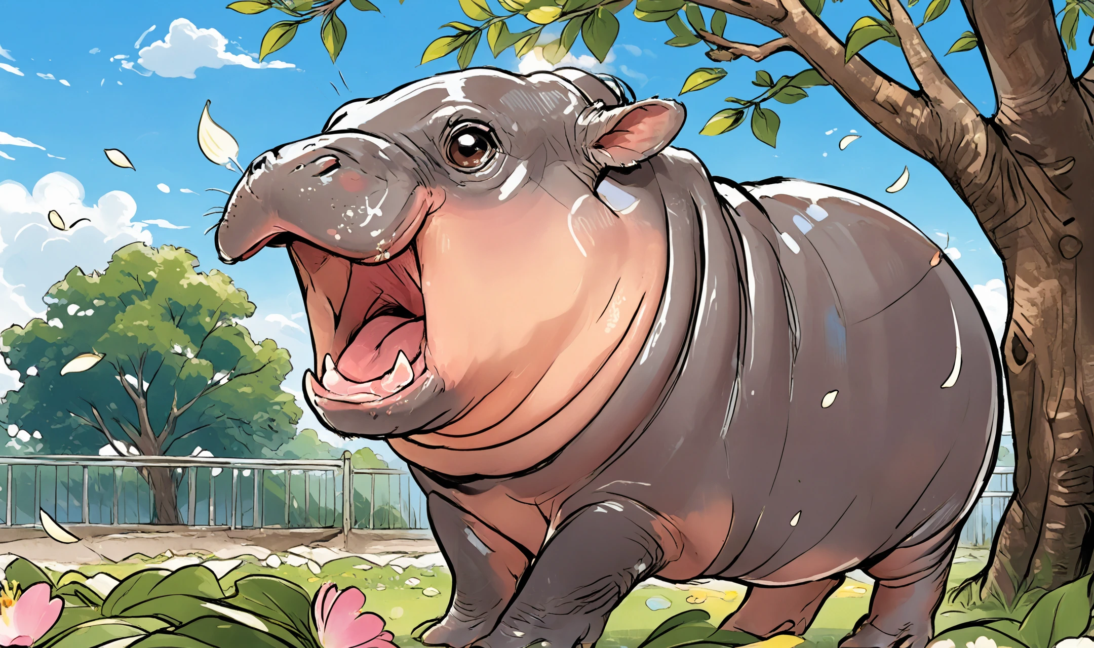 novel illustration,  lineart, cartoon, flat cartoon, 
<lora:SDXL_BTT_MOODENG_v01:1.0>moodeng, chibi, (no human:1.2), animal, hippo, solo,  side view, looking at viewer,   (open mouth:1.4), face focus, cute,
cloudy sky, morning light, tree,  sukura, sukura tree, flowers, (hair flower:1.2), petals, Flower petals flutter in the wind, 
<lora:LCMTurboMix_Euler_A_fix:1>