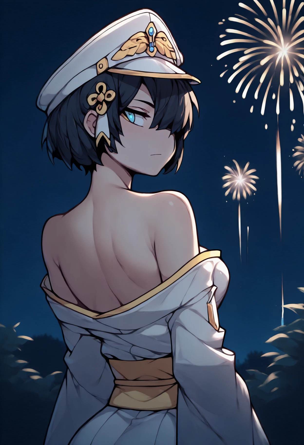 anime, masterpiece, best quality, from behind, solo, 1girl, htagl, expressionless, looking back, short hair, black hair, hair over one eye, hair ornament, blue eyes, white headwear, peaked cap, gold trim, japanese clothes, white kimono, off shoulder, yellow sash, bare shoulders, outdoors, night, fireworks
<segment:yolo-Anzhc Face seg 640 v2 y8n.pt,0.4,0.5//cid=1>