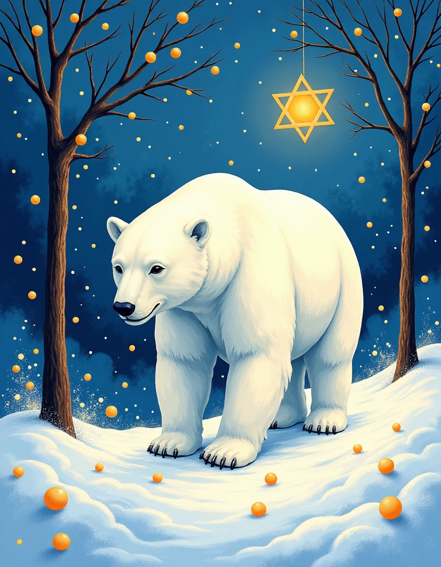 <lora:hanukkahcolors:1> hanukkahcolors, polar bear walking through snow