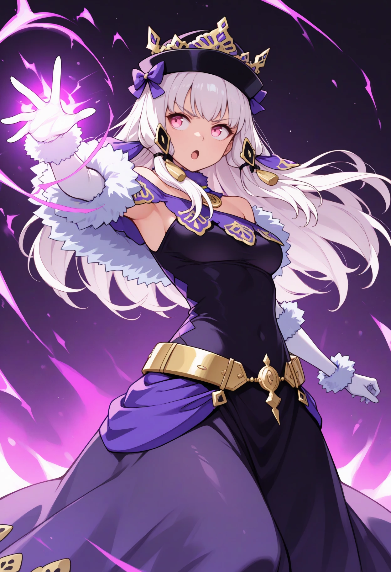 masterpiece, best quality, solo, 1girl, lytbrv, :o, looking away, outstretched arm, casting spell, purple energy, long hair, white hair, hair ornament, black headwear, hat bow, purple bow, pink eyes, v-shaped eyebrows, fur trim, purple collar, long dress, black dress, purple dress, off-shoulder dress, white gloves, elbow gloves, yellow belt, bare shoulders, medium breasts
<segment:yolo-Anzhc Face seg 640 v2 y8n.pt,0.4,0.5//cid=1>