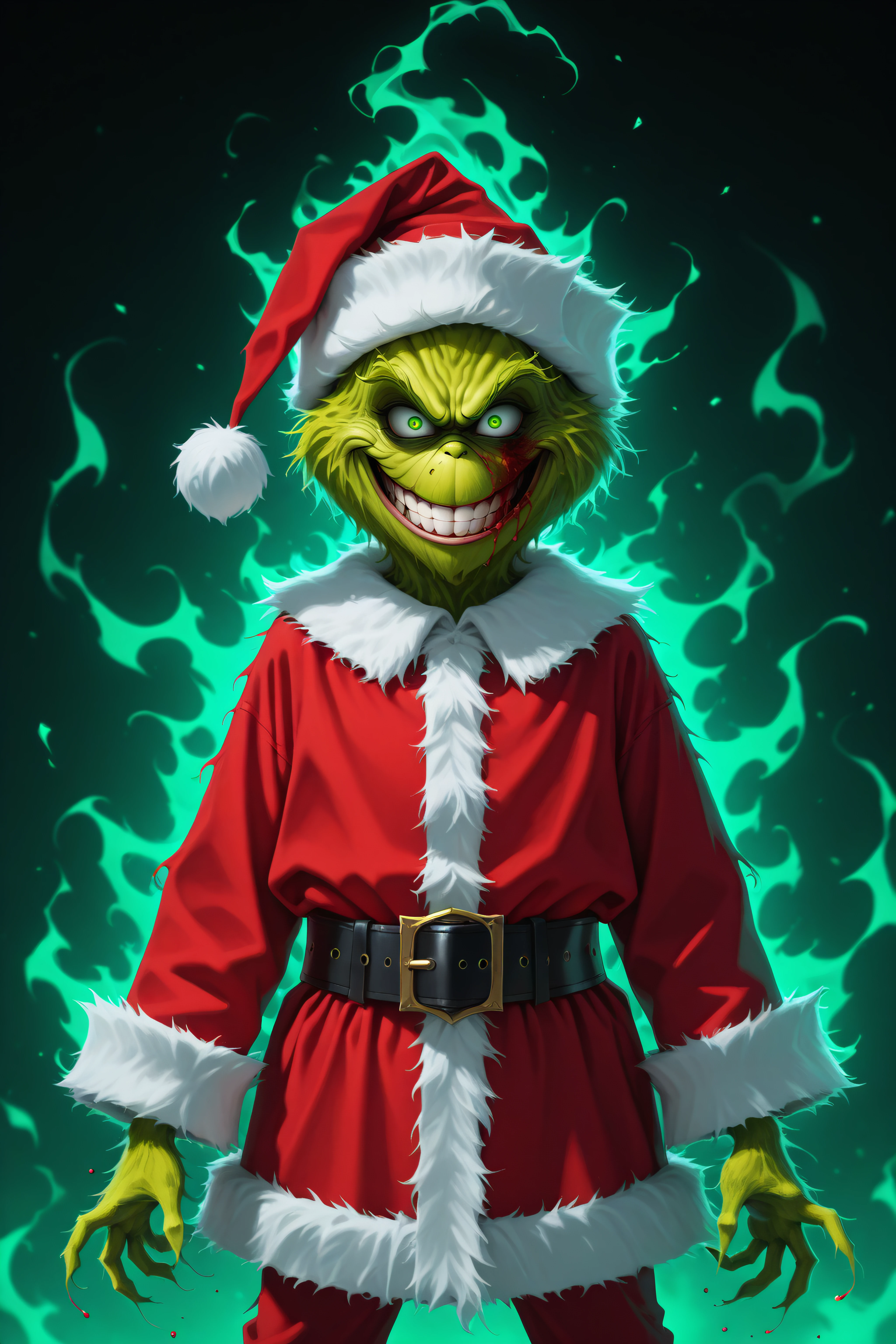 masterpiece, best quality, <lora:The Grinch-Illustrious-lora-Faxtron:1> the grinch, green eyes, santa hat, santa costume, belt,  <lora:evil-grin-ponyxl-lora-nochekaiser:1>, evil grin, evil smile, grin, evil eyes, crazy eyes, teeth, shaded face, blood, aura, blood on face,,