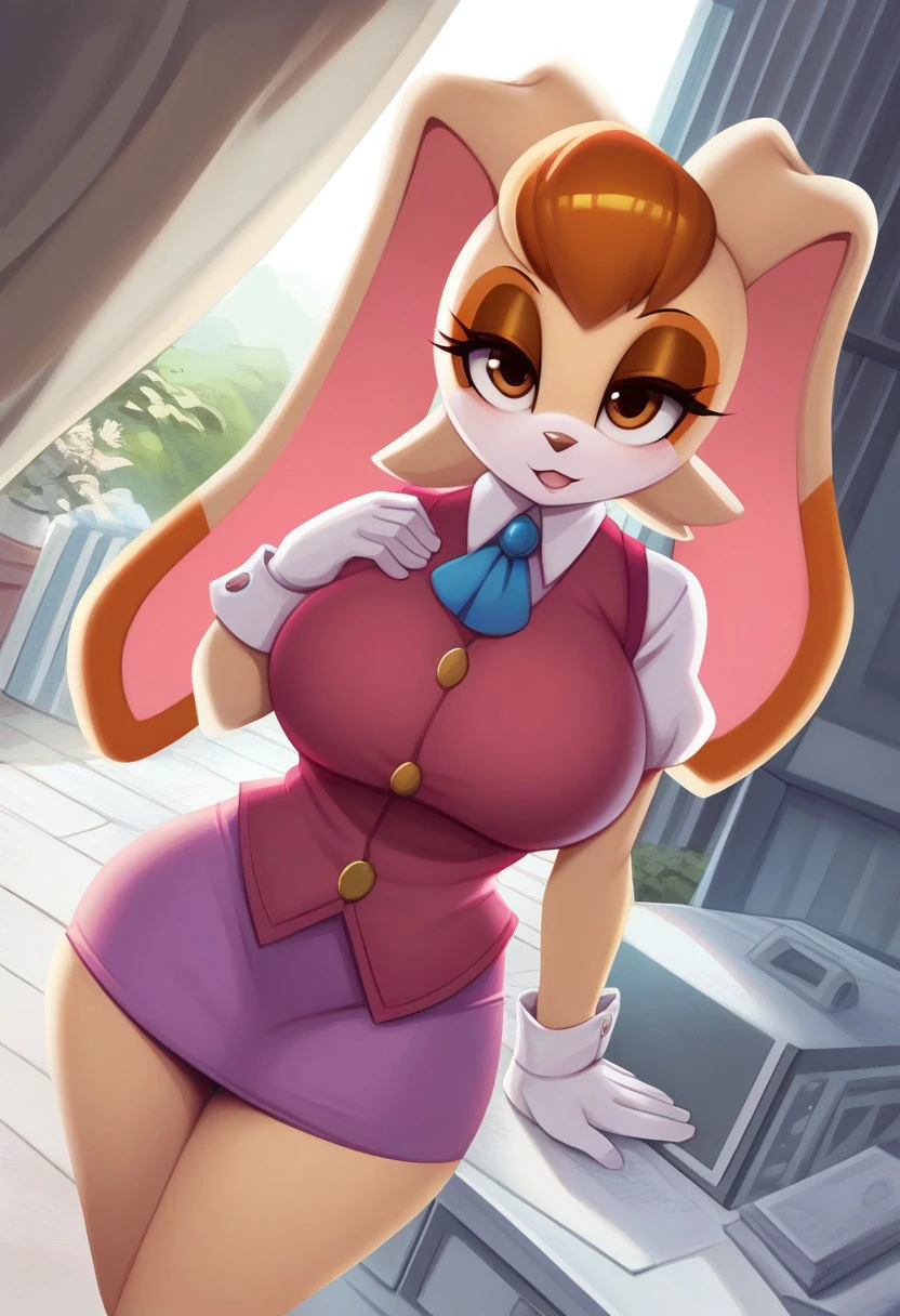 score_9, score_8_up, score_7_up, (best quality:1.1), ultra-detailed, high resolution, 8k, female, big ass, Vanilla the Rabbit, furry, peach fur, orange tuft of hair, hazel eyes, brown eyeshadow, brown nose, floppy rabbit ears, maroon vest, golden buttons, lavender dress, lavender skirt, white gloves, milf, sexy, cute, house, laptop, drawers, solo, (big breasts, voluptuous, thick thighs, curvy, busty, high quality, masterpiece), (((dutch angle, sexy tease, sexy pose, stylish pose))) BREAK outside, Rich, Detailed background, ambient light