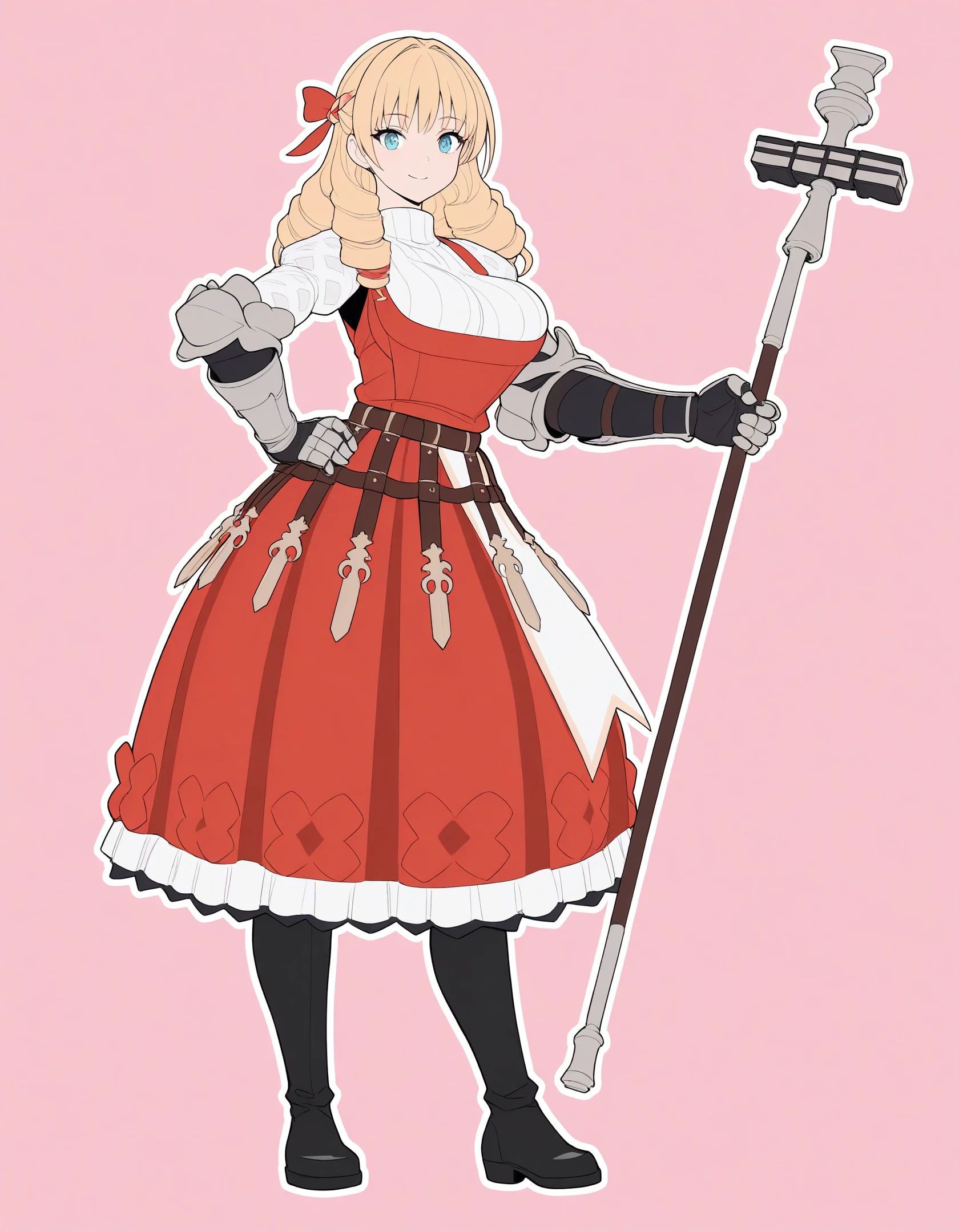 masterpiece, best quality, high resolution, absurdres, newest,1girl,solo,kubo tite  \(style\), explicit,(flat color:1.2),
<lora:Scarlett_ill:1>,
sclt,blonde hair,drill hair,blue eyes,red bow,red dress,white sweater,turtleneck,gauntlets,armored boots,large breasts,
weapon,holding weapon,staff,
smile,closed mouth, 
hand on hip,
white outline,
simple background, pink background,  <lora:AntiglazeSerum_rev5:0.7>