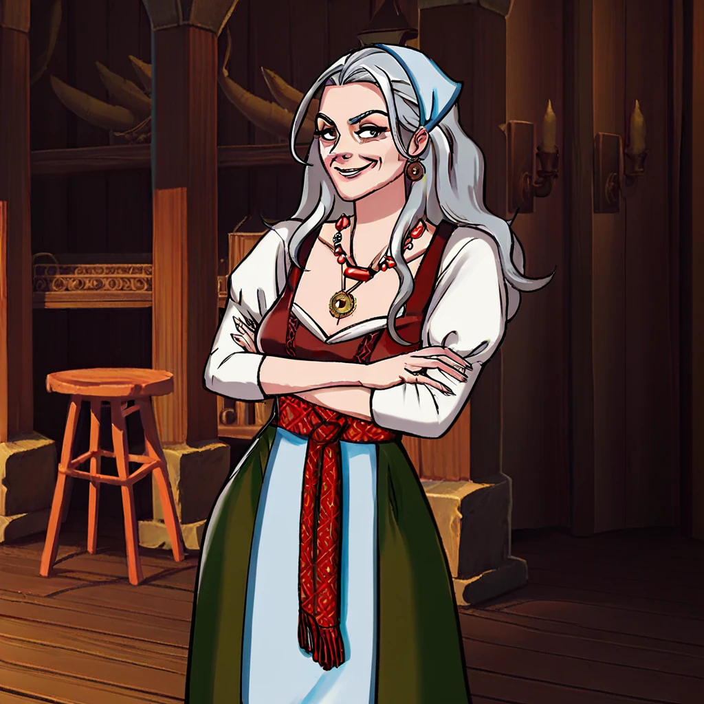 Score_9_up, score_8_up, score_7_up, score_6_up, 1girl, solo, annyasl, grey hair, head scarf, jewelry, mature female, red vest, cleavage, long sleeves, green skirt, apron, cloth belt, arms crossed, looking at viewer, smirk, medieval shop, detailed scenery