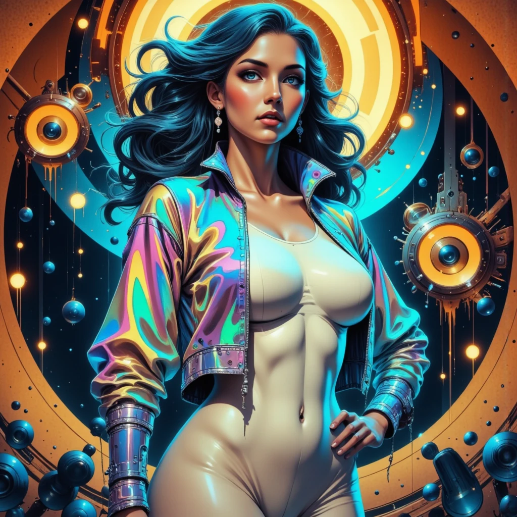 A dynamic young woman named Clra with long, wavy, dark-blue hair stands confidently in a vibrant, futuristic setting. Her light-peach complexion complements her full lips and expressive eyes, which gaze slightly to her right, exuding a thoughtful yet confident demeanor. Her attire blends contemporary and futuristic elements: a form-fitting, pastel-white leotard accentuated by an iridescent, holographic multicolored jacket. The jacket shimmers with a mesmerizing blend of blues, purples, greens, and pinks, creating a captivating visual effect. Small, detailed metallic earrings add a subtle touch of elegance. The background features swirling, circular patterns in gold and various shades of blue, enhanced by shimmering metallic structures that evoke a surreal, cyberpunk atmosphere. The dramatic lighting highlights her features and the iridescent quality of her clothing, while the mid-range perspective captures her dynamic pose within a carefully balanced composition. The circular golden and blue patterns frame her as the focal point against an abstract, boundless space. The overall mood is captivating, sophisticated, and futuristic, blending fashion design and art with a sense of wonder and boundless energy.