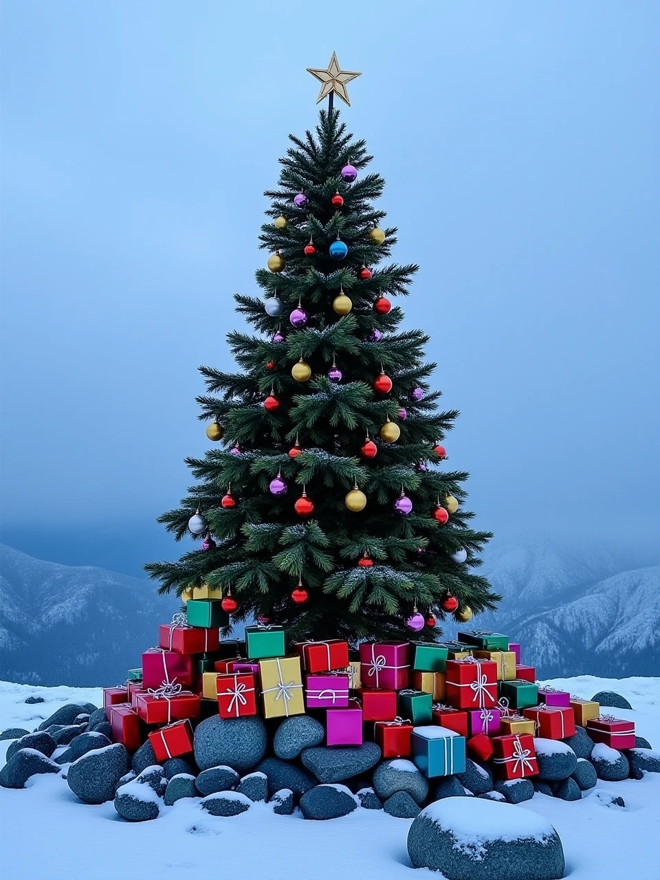 This is a photo taken at the top of a snow-covered mountain, showing a tall Christmas tree with colorful lights and various Christmas decorations, a pile of colorful gift boxes under the tree, and the tree in a pile of rocks.
coh24,Christmas tree.