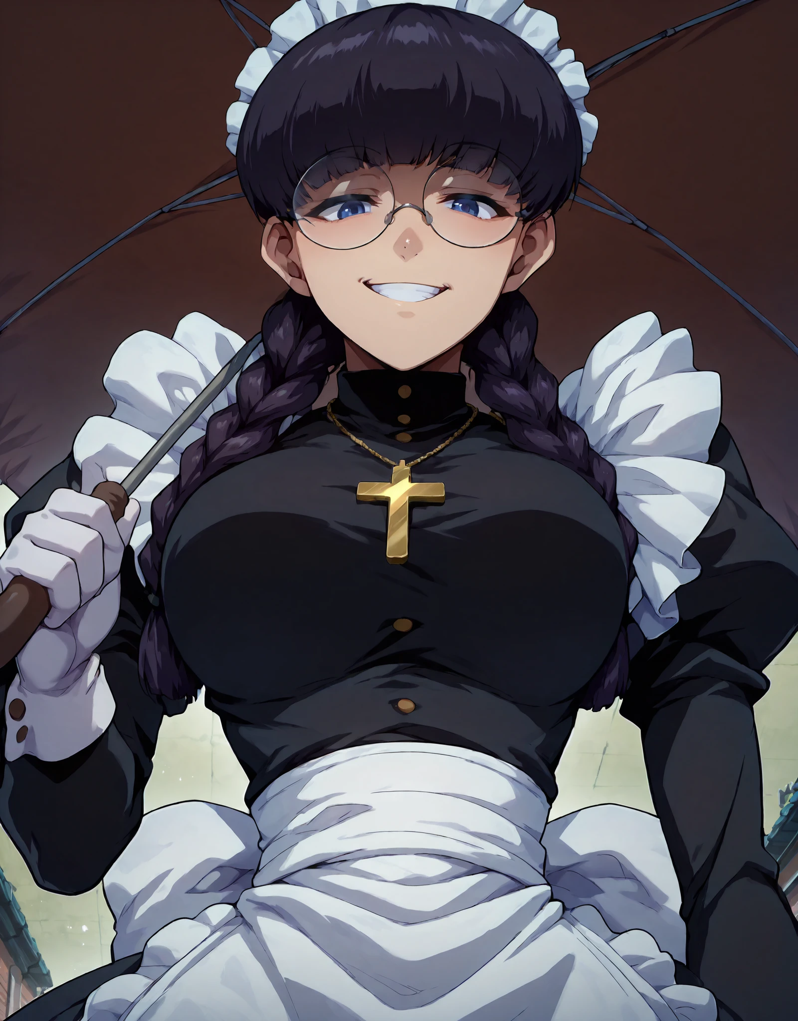 masterpiece, illustration, anime, CG, 4K, ultra-detailed,
<lora:RobertaIllustV1:0.85>
1girl, Roberta, solo, round eyewear, blue eyes, maid headdress, twin braids , cross necklace, white gloves,  maid apron,black dress, puffy sleeves, 
holding umbrella, umbrella over shoulder,   from below,  looking at viewer, femdom, grin, close-up, rainy,