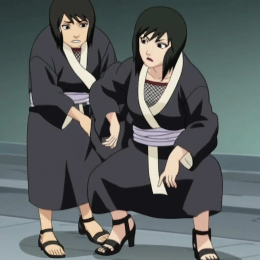 shizunescreencap, shizune, 1girl, black hair, short hair, black eyes, black kimono, fishnet top, white obi, black high heels,