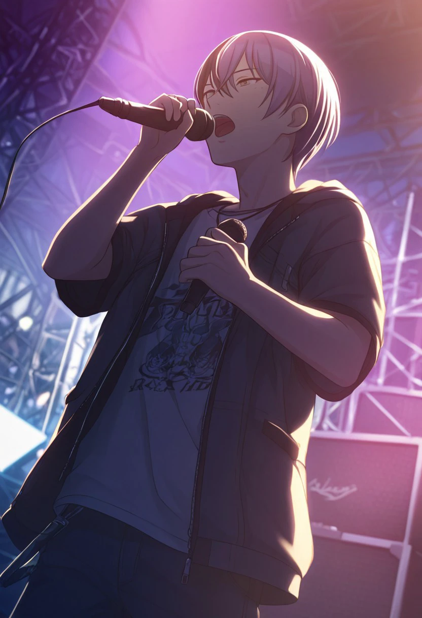 masterpiece, high res, 1boy, solo, aoyagi_toya, outdoors, singing, neon, backlight, rap, stage, holding microphone, dutch angle