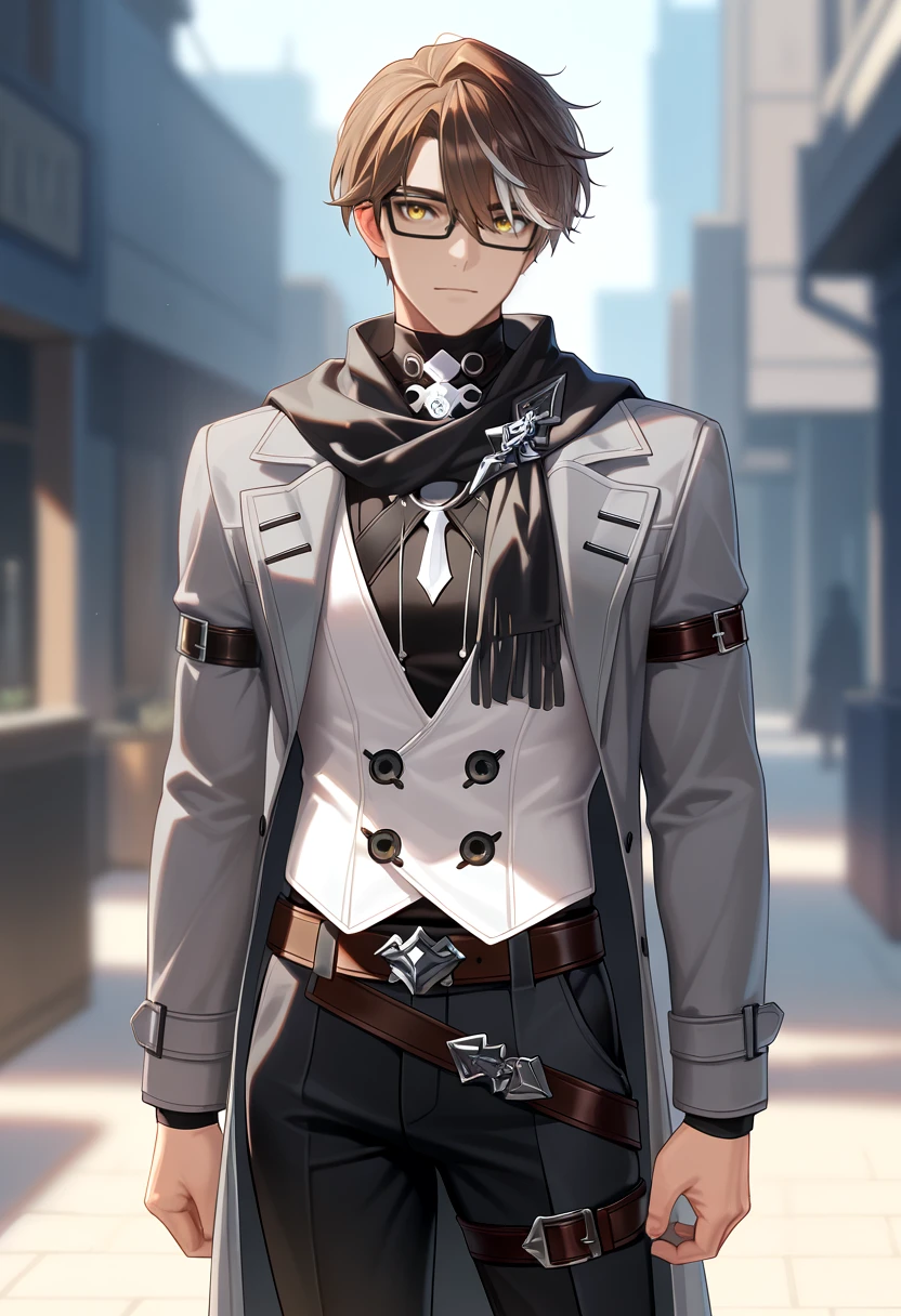 masterpiece, best quality <lora:Welt Yang-initium-ilxl:1> 1boy, male focus, brown hair, white streak, short hair, black-framed eyewear, yellow eyes, black undershirt, white vest, belts, grey coat, vest under clothes, black scarf, black pants, streaked hair, white hair, brooch, aged up,  (mature male:0.3),  thigh belt, arm belt,