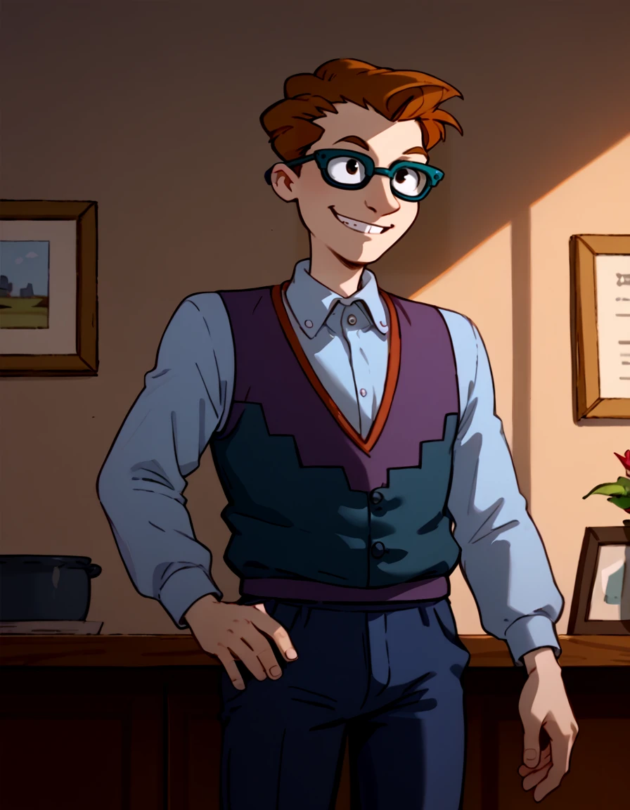 <lora:Dru_Pickles_PONY:0.75> 1boy, dru_pickles, solo, male focus, brown hair, short hair, blue-framed eyewear, vest, blue vest,  long sleeves, collared shirt, white shirt, pants, blue pants, shoes, portrait, smile,, source_cartoon, score_9, score_8_up, score_7_up, score_6_up, score_5_up, score_4_up,