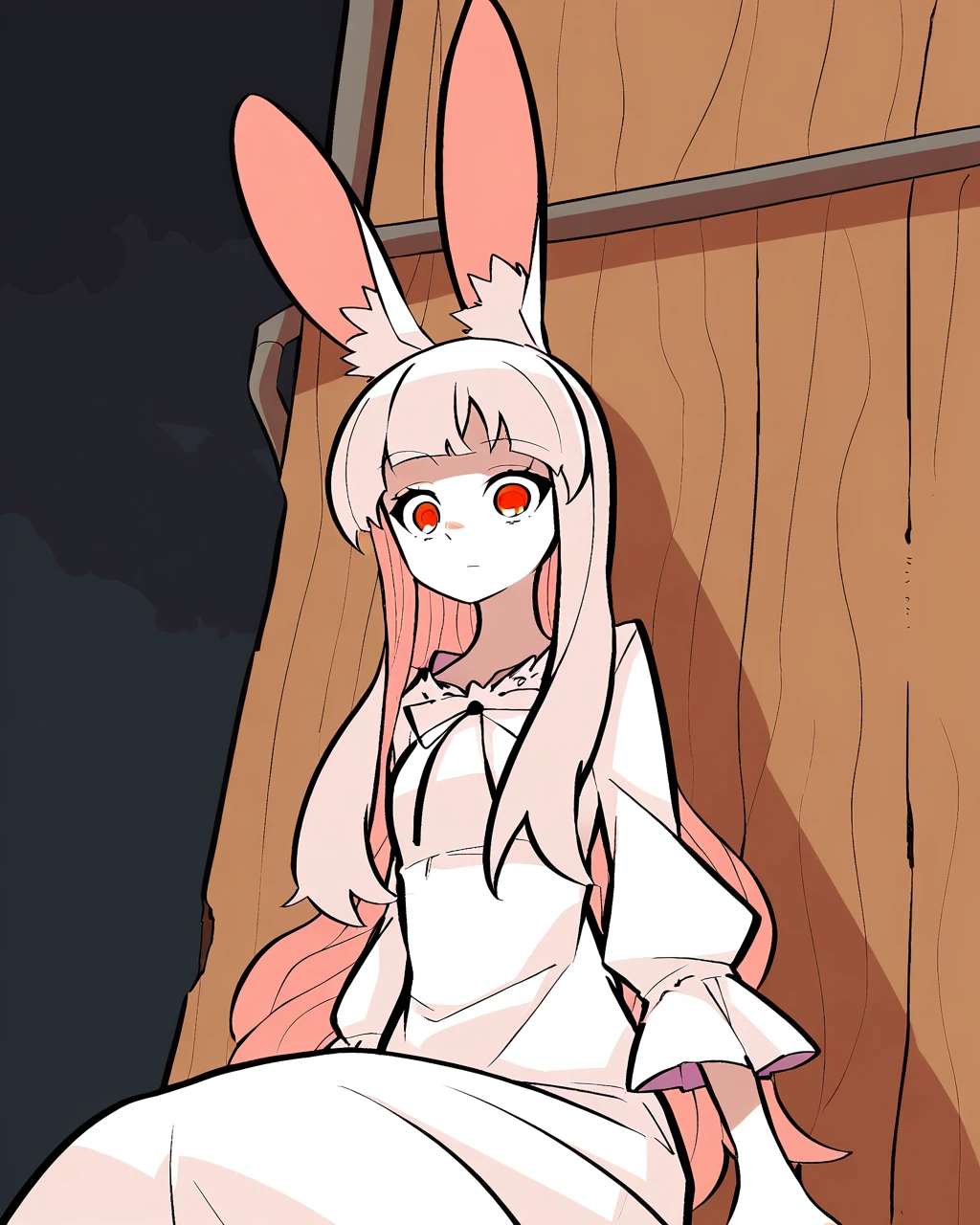 masterpiece, best quality, 1girl, solo, mrgrl, rabbit ears, white hair, white dress, expressionless, wide-eyed, sitting, cowbow shot, defensive wall, night 