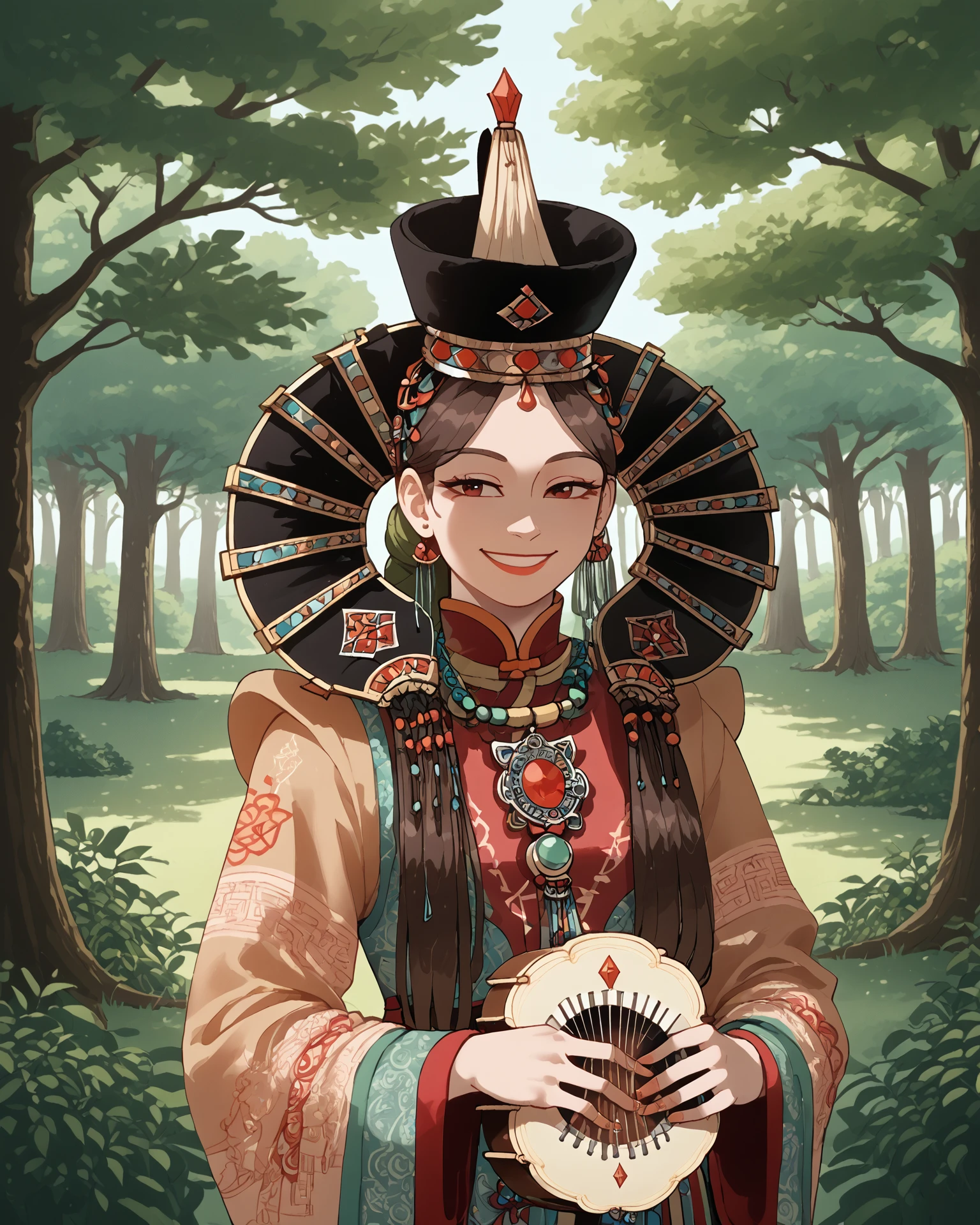 1girl, monfa, playing instrument, serene, willow trees, light_smile, masterpiece, highest quality, absurdres, digital art, very detailed, score_9, score_8_up, score_7_up, <lora:MongolianFashion_XL:1.1>,  <lora:nyantcha_style_pdxl_v2_goofy:1>