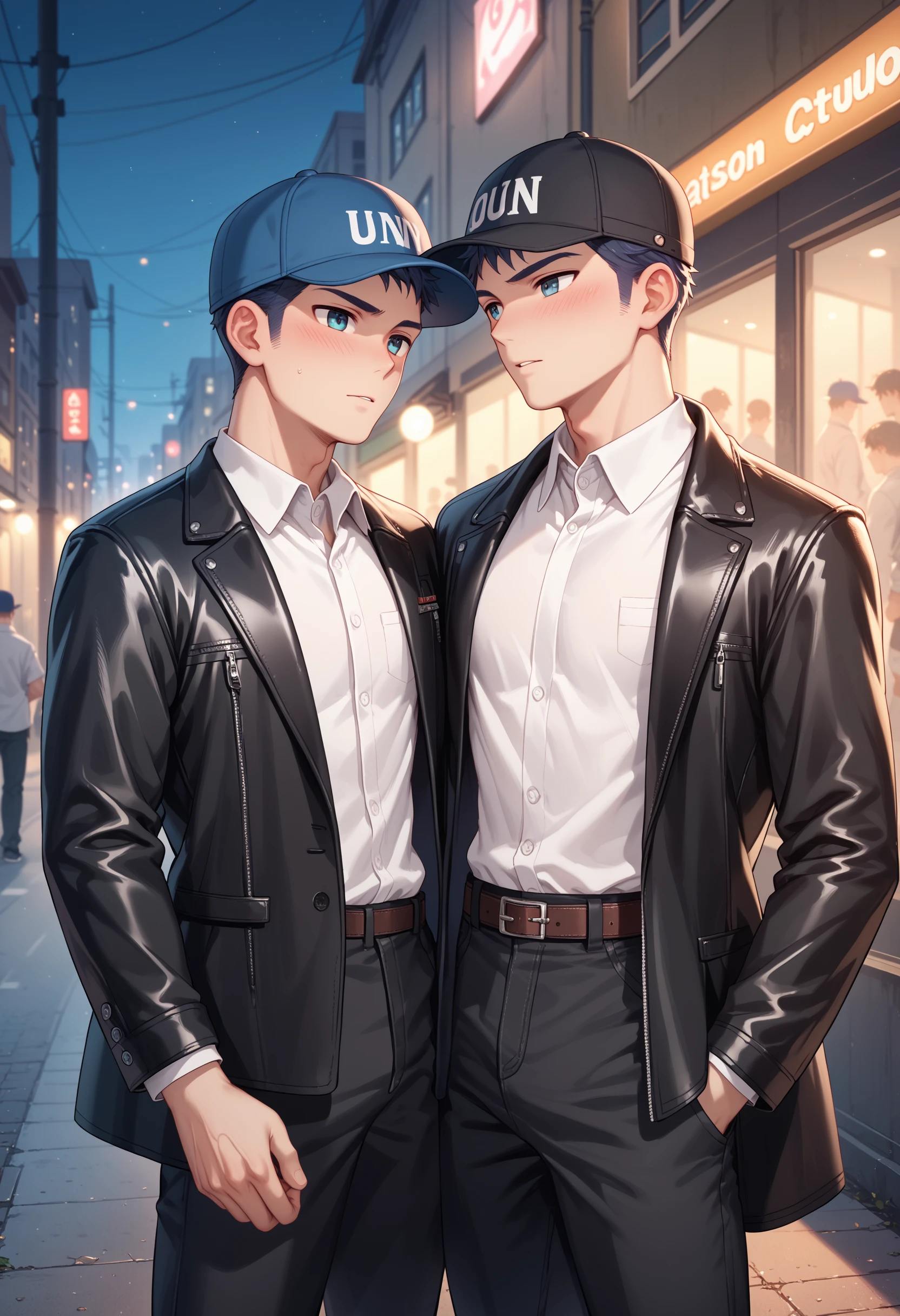 PonyXLV6_Scores 1boy, male focus, leather jacket, dress shirt, blush, pants, baseball cap, in a dark suburban alleyway, outdoors, inner city, dusk,âââ