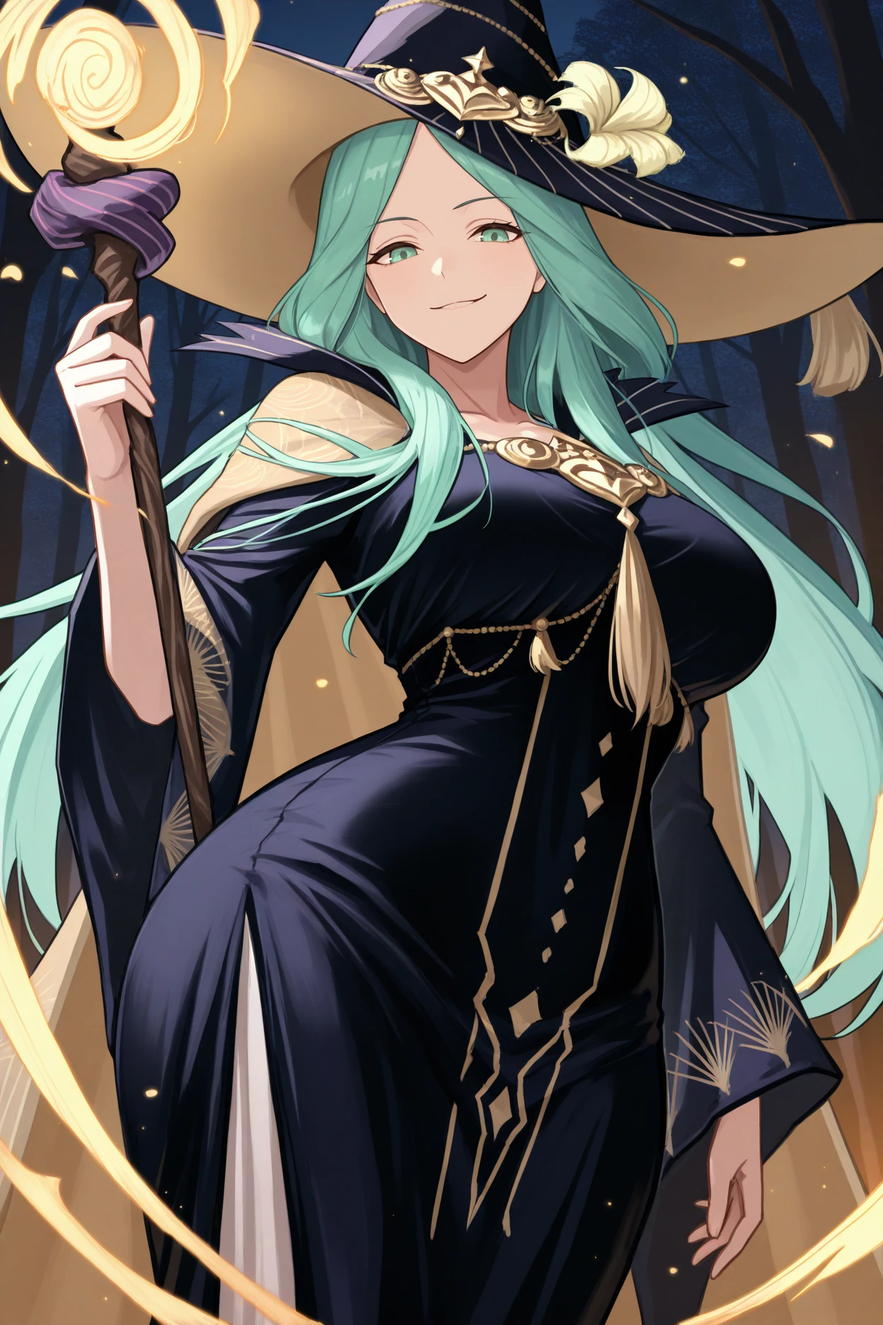 masterpiece, best quality, 1girl, solo, <lora:ferhea-illu-nvwls-v1-000005:1> hwnrh3a, green hair, long hair, green eyes, witch hat, gold brooch, halloween costume, high collar, gold trim, dark blue dress, wide sleeves, smirk, holding staff, hand up, casting magic, night, forest, autumn, looking at viewer, from below, wide hips