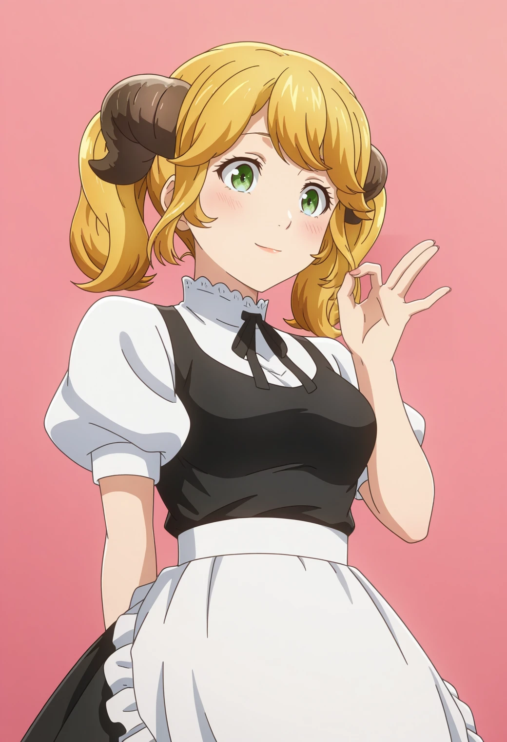 masterpiece, best quality, amazing quality, anime coloring, anime screencap, solo, 1girl,  <lora:DX888AlettaIL:1>aletta, twintails, green eyes, blonde hair, twintails, horns, black dress, puffy sleeves, white shirt, black ribbon, waist apron, maid,  light smile, blush   BREAK (simple background:1.2),  pink background gradient background,    ok sign, from below,