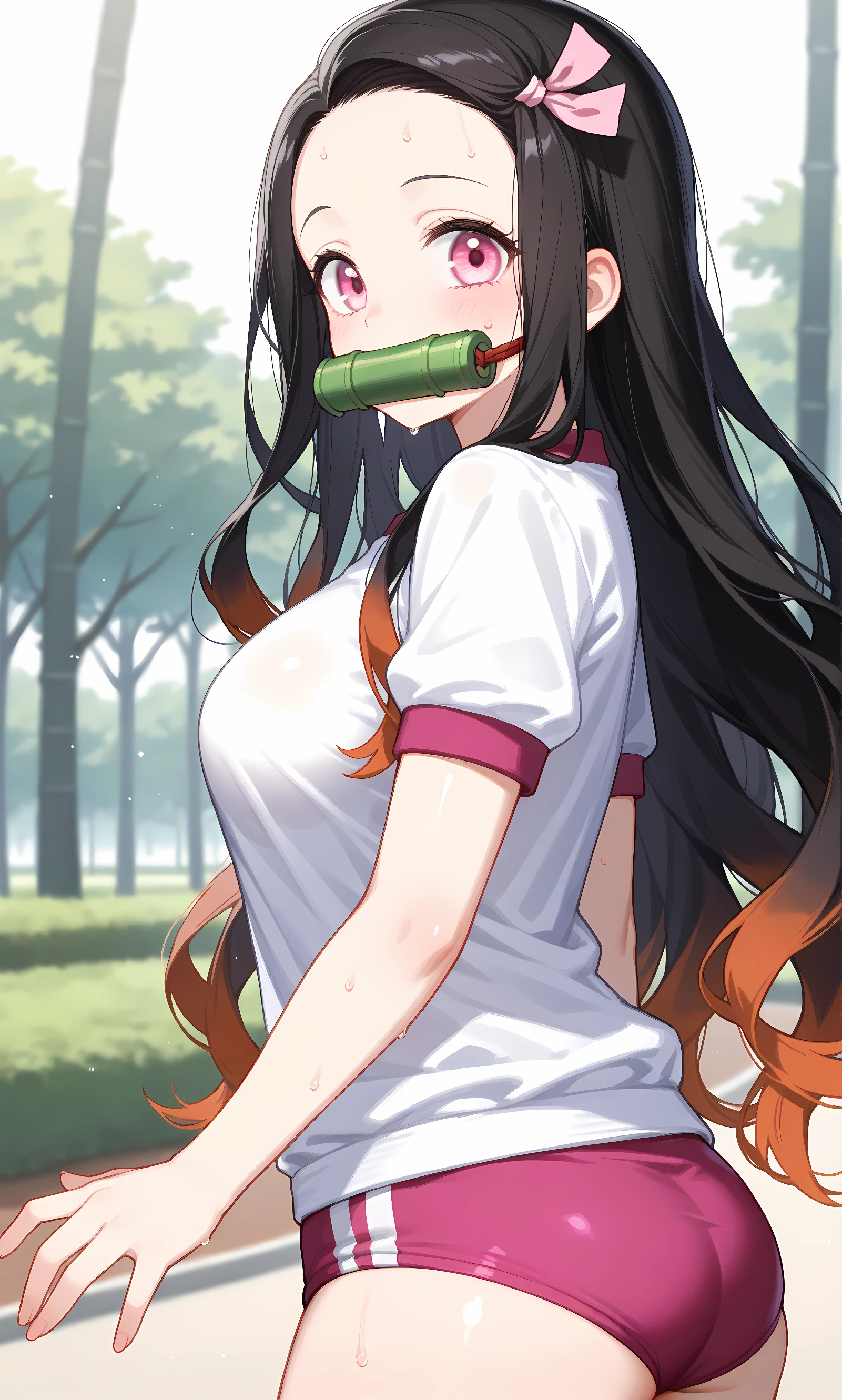 score_9, score_8_up, score_7_up, source_anime, 1girl, solo, outdoors, park, cowboy shot, looking at viewer, shiny skin, close-up, looking at viewer, bamboo, bit_gag, black_hair, forehead, gradient_hair, hair_ribbon, long_hair, pink_eyes, pink_ribbon, ribbon, very_long_hair, nezuko kamado, from side, white shirt, short sleeves, gym uniform, buruma, sweat