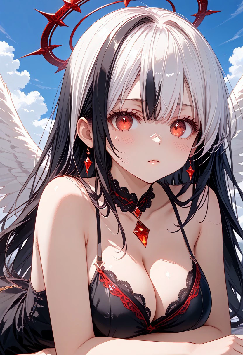 (Vizska Tachibana, perfect face, long hair, white Hair, black inner hair, multicolored black hair, expressive eyes, red eyes, red crystal eyes), perfect face, blushing, serious expression, perfect body, tall, white skin, big breasts, heaven, blue sky, clouds, wings, black wings, black dress, bare shoulders, cleavage, (Lying on the clouds), The lighting creates dramatic shadows and highlights, adding depth to the artwork, wide view, (masterpiece, detailed:1.2), (High Resolution), (More Details), (8K), (High Resolution), Aesthetic style, (glitter), soft anime, intricate colors, vibrant colors, color detail, ((Anime illustration)), ((Incarnate detail)), ((Masterpiece)), ((Highest quality)), easynegative,