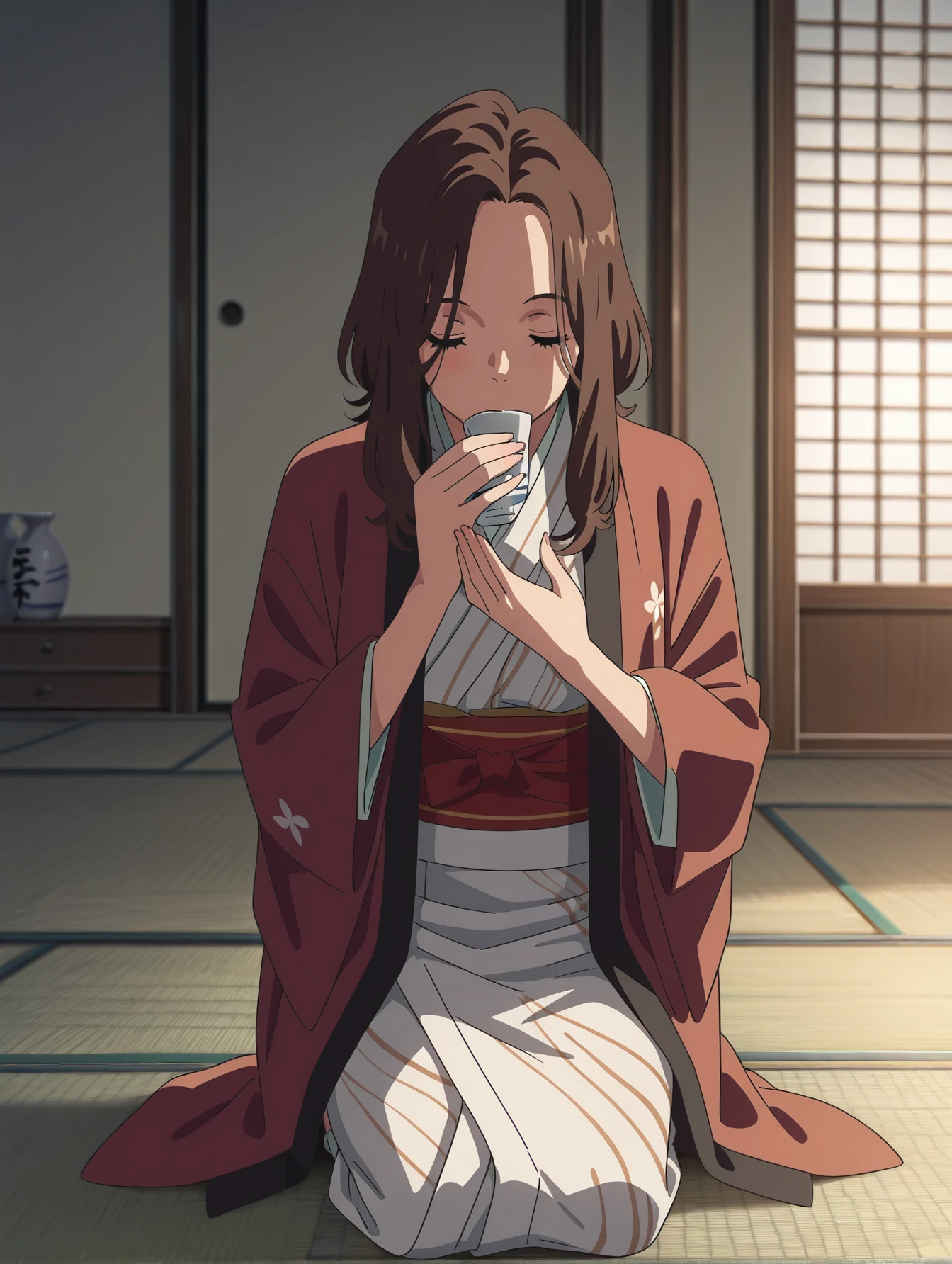 <lora:your-name-illustrious-000010:1> okudera, kimono, haori, hanten \(clothes\), 1girl, solo, sake, kneeling, drinking, tatami, closed eyes
masterpiece, best quality, cinematic lighting