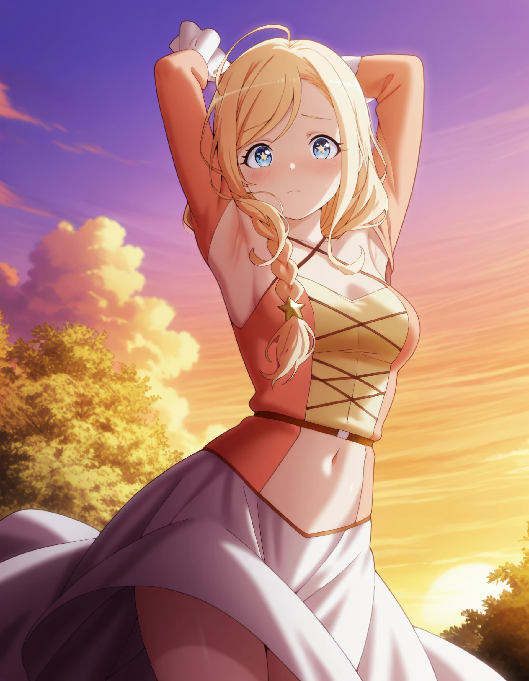 masterpiece, best quality, amazing quality,  <lora:jitsu_wa_ore_saikyou_deshita_-_natalia_zenfis_il:1> natalia_zenfis, long_hair, blonde_hair, single_braid, hair_over_shoulder, blue_eyes, , long_sleeves, dress, white_skirt, 1girl, ahoge, arm_behind_head, armpits, arms_up, blush, breasts, cloud, criss-cross_halter, flower, gradient_sky, halterneck, looking_at_viewer, navel, orange_sky, outdoors, presenting_armpit, purple_sky, sky, small_breasts, solo, star_(symbol), star_in_eye, star_ornament, stomach, sunset, symbol_in_eye, thighs