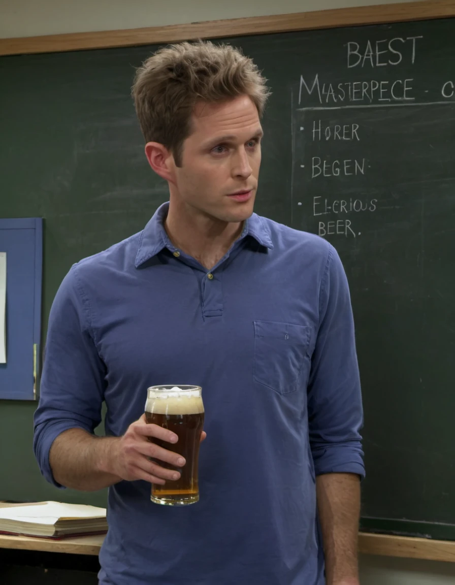 (baest quality, masterpiece quality:1.3) <lora:Dennis:1> dennis_person teaching a harvard lecture, harvard classroom, , holding a beer, nonsense written on chalkboard, angry, serious