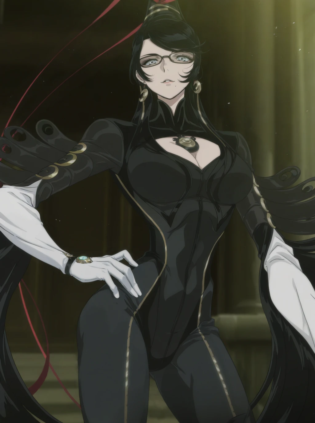 masterpiece, best quality, amazing quality, very aesthetic, absurdres, newest, scenery,  anime screencap   <lora:Bayonetta_Bloody_Fate:1> bayofate, black hair, very long hair, large breasts, bangs, grey eyes, mole under eye, glasses, earrings, mole, mole under mouth,black clothes, skinsuit, cleavage, jewelry, amulet, white gloves, feathered sleeves, red ribbon,black thigh boots, high heels, parted lips, light smile,