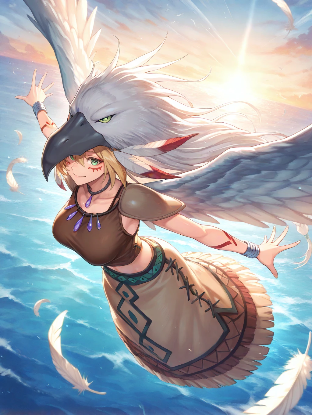 guardian eatos,1girl,solo,feathers,ocean,flying,green eyes,midriff,smile,outstretched arms,brown crop top,brown long skirt,eagle hat,purple jewel necklace,facepaint,silver bracelet,
masterpiece,best quality,amazing quality,very aesthetic,absurdres,newest,<lora:Guardian Eatos illuXL v1:0.72>,