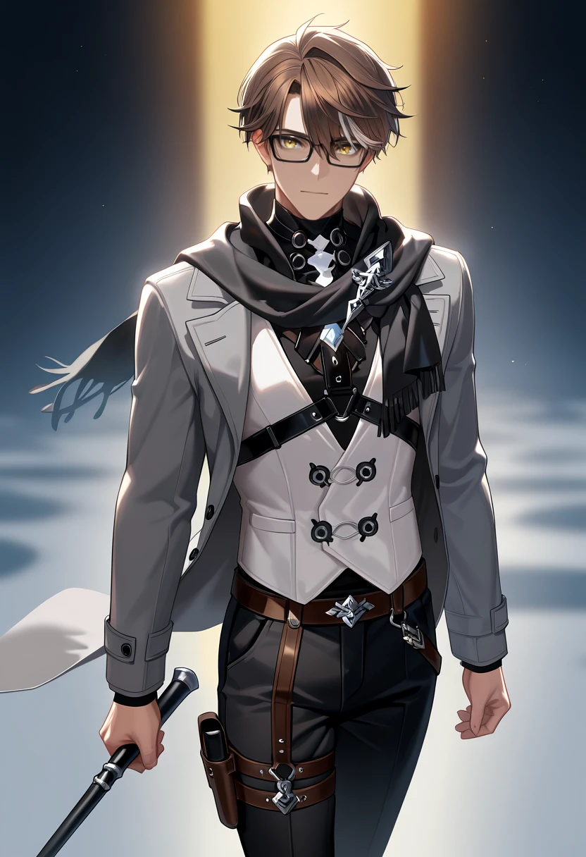 masterpiece, best quality <lora:Welt Yang-initium-ilxl:1> 1boy, male focus, brown hair, white streak, short hair, black-framed eyewear, yellow eyes, black undershirt, white vest, belts, grey coat, vest under clothes, black scarf, black pants, streaked hair, white hair, brooch, aged up, holding cane, (mature male:0.3), harness, thigh holster