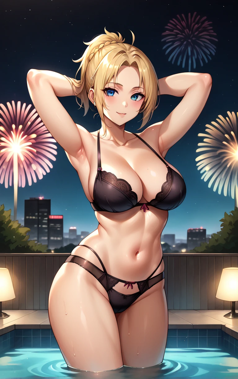 score_9, score_8_up, score_7_up, BREAK
Lingerie_ZenithGreyrat_ownwaifu, 
1girl, large breasts, underwear only, black bra, black panties, blue eyes, cleavage, blonde hair, navel, ponytail, collarbone,  braid, parted bangs, medium hair, hair pulled back, sidelocks, short ponytail, lingerie
(contrapposto, arms behind head, aerial fireworks), wading, neon_lights, cityscape, night, pool, full moon, outdoors, <lora:PONYXL_MushokuTensei_ZenithGreyrat_ownwaifu:0.9> , depth of field, solo,