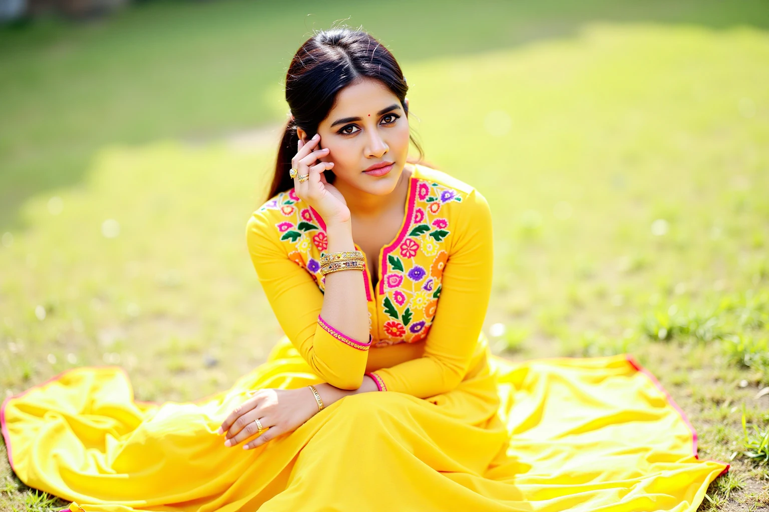 nabhanateshukohwx.  She is wearing a bright, vibrant yellow, floor-length, ethnic-style kurta. The kurta features a colorful embroidered design on the upper bodice, using a variety of geometric shapes and patterns in  pink, orange, yellow, green, and purple.  The bottom hem of the kurta has a thin pink trim.  She's wearing a gold-toned decorative bracelet on her right wrist, and a small ring on a finger.  Her makeup is natural,  drawing attention to her captivating features..  She is seated with a relaxed posture and her left arm casually resting on her face, her head slightly tilted in a thoughtful and gentle manner. The woman has a gentle yet confident expression. The background is a soft, blurred grassy area in light greens and yellows.  Natural daylight creates soft, diffused lighting,  casting no harsh shadows. The overall aesthetic has a warm, inviting, and vibrant feel. The style of the image is reminiscent of traditional Indian fashion photography.  Medium shot, slightly high angle perspective.
 
