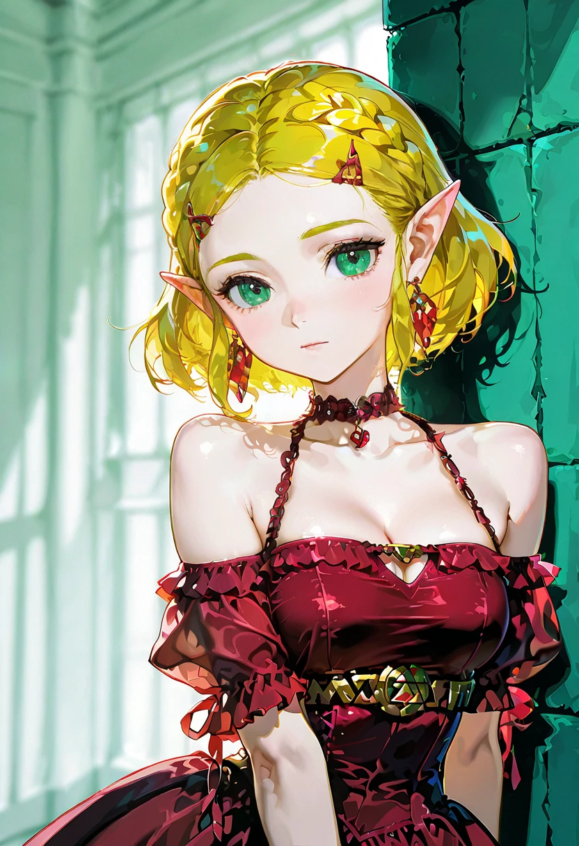 1girl,solo,looking at viewer,ikeda ruriko,red dress, bare shoulders, princess_zelda