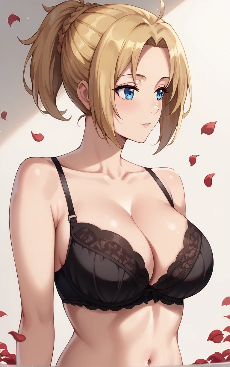 score_9, score_8_up, score_7_up, BREAK
Lingerie_ZenithGreyrat_ownwaifu, 
1girl, large breasts, underwear only, black bra, black panties, blue eyes, cleavage, blonde hair, navel, ponytail, collarbone,  braid, parted bangs, medium hair, hair pulled back, sidelocks, short ponytail, lingerie
(profile, portrait, round image), falling petals, red petals, wall,  <lora:PONYXL_MushokuTensei_ZenithGreyrat_ownwaifu:0.85>, solo,