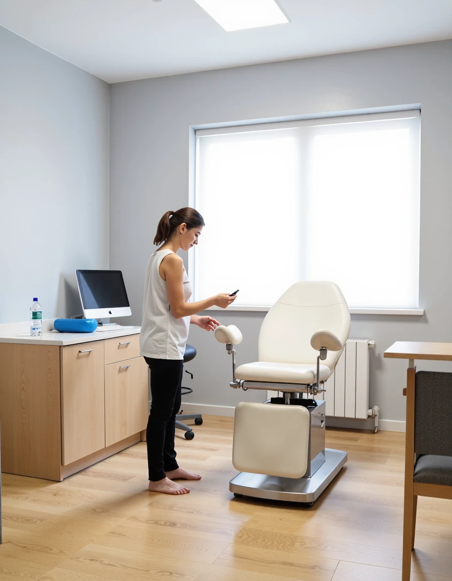 A gynecological exam room with a gynecological chair in the center of the room Gyn_Ch41r . Apatient is preparing for the gynecological exam <lora:Gyn_Chair_01_epoch_7:1>