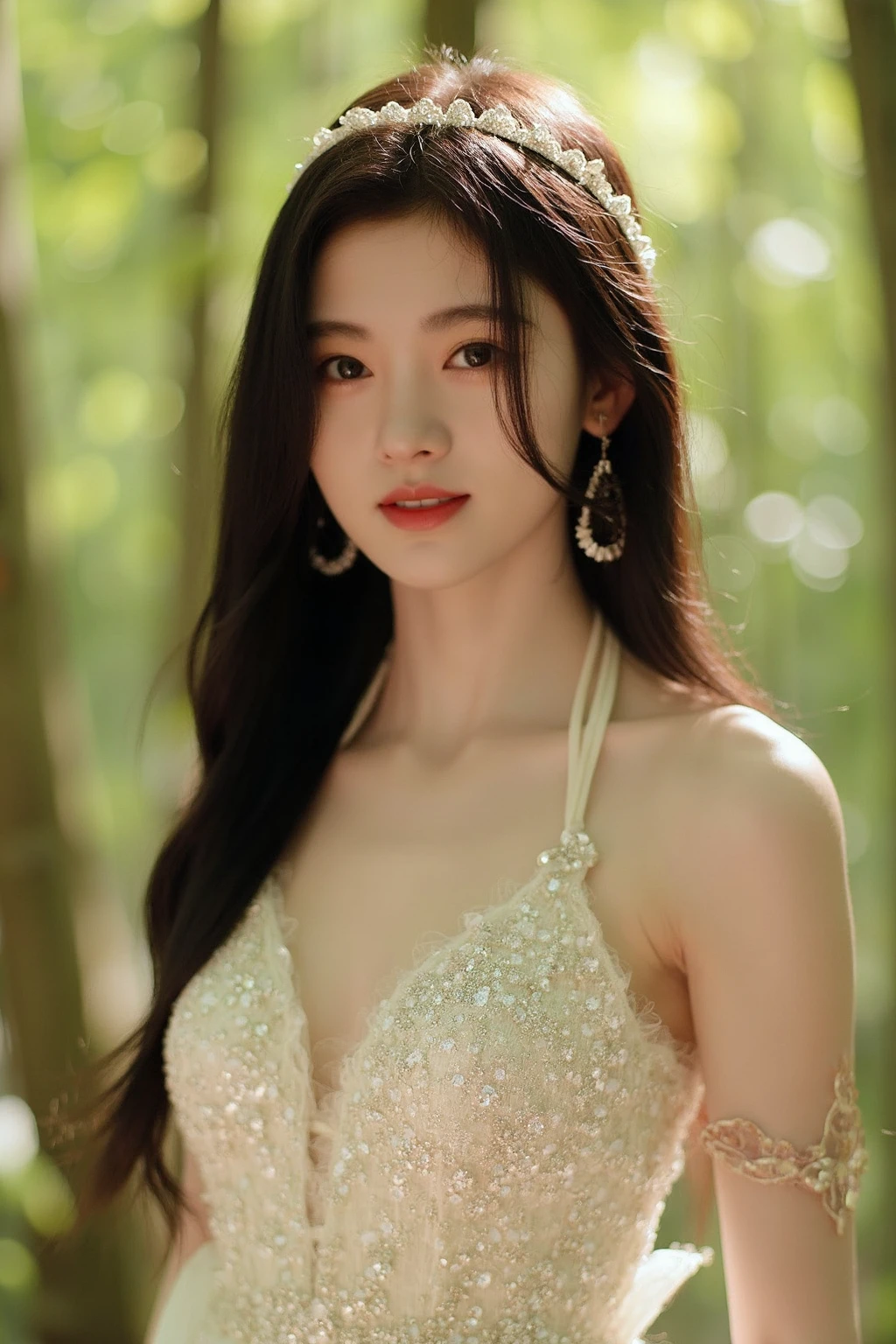 upper body photo of a beautiful asian girl wearing halter wedding dress with long wavy hair inside forest with sun lights through leaves, dslr,  high quality, light reflections, pale skin, detailed skin,<lora:flux_realism_lora:1>, . <lora:makinaflux_jujingyi_v1.0:1>