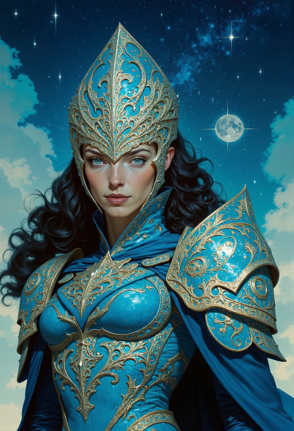 <lora:ck-painterly-fantasy-000017:1.0>, This is a digital painting by artist Chaoji, showcasing a young woman with pale skin and piercing green eyes. She wears ornate, blue and gold armor adorned with star motifs, resembling a celestial theme. Her long, dark hair is partially covered by a matching helmet. The background is a vibrant, starry night sky with clouds. The overall style is highly detailed, with a fantasy and sci-fi aesthetic.