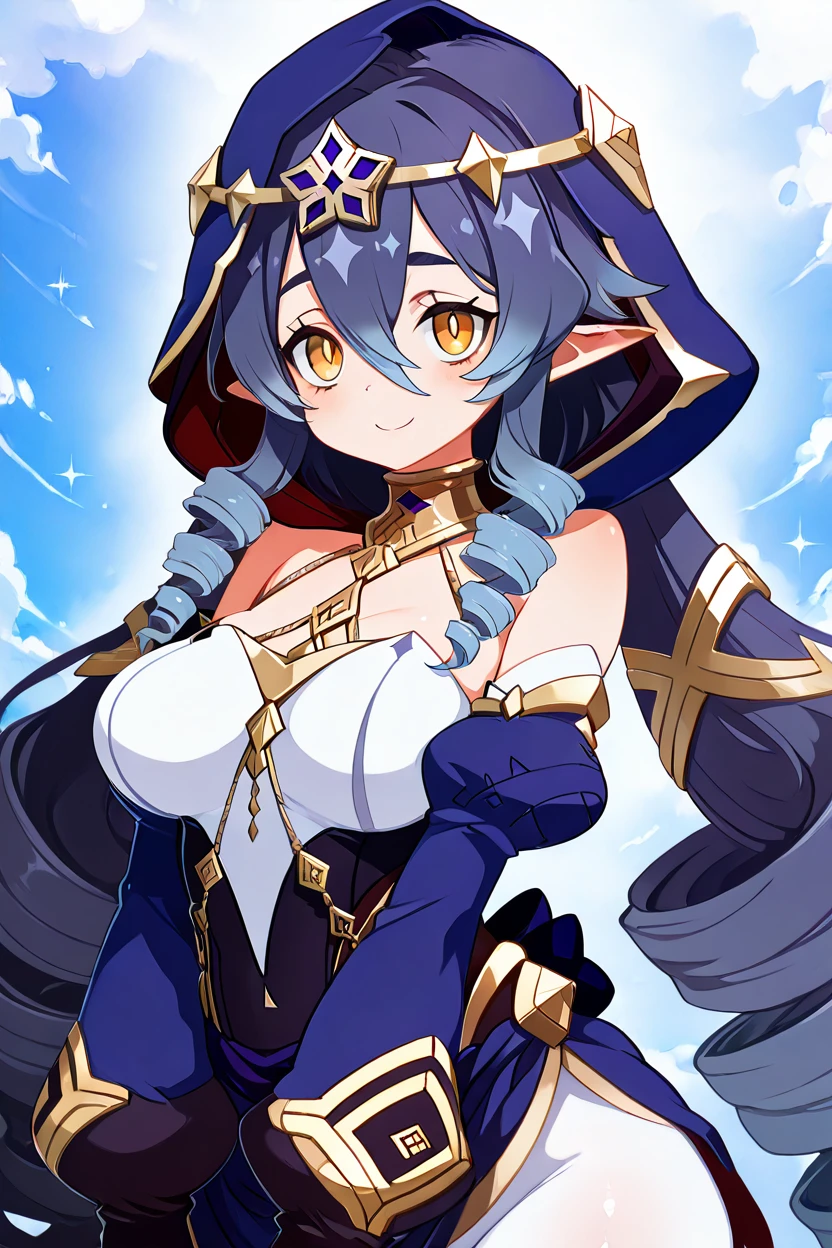 masterpiece, best quality, solo, curvy, beautiful eyes,,<lora:LaylaGenshinIXL_v2:1.0>, zzLayla, yellow eyes, hair between eyes, blue hair, drill hair, long hair, pointy ears, bare shoulders, drill locks, hood, detached sleeves, long sleeves, hood up, jewelry, blue hood, white pantyhose, upper body, smile, looking at viewer, shiny skin,<lora:HaradaTakehitoIXL_v3:1.3>, <lora:ZankuroIXLLight_v2:0.6>,