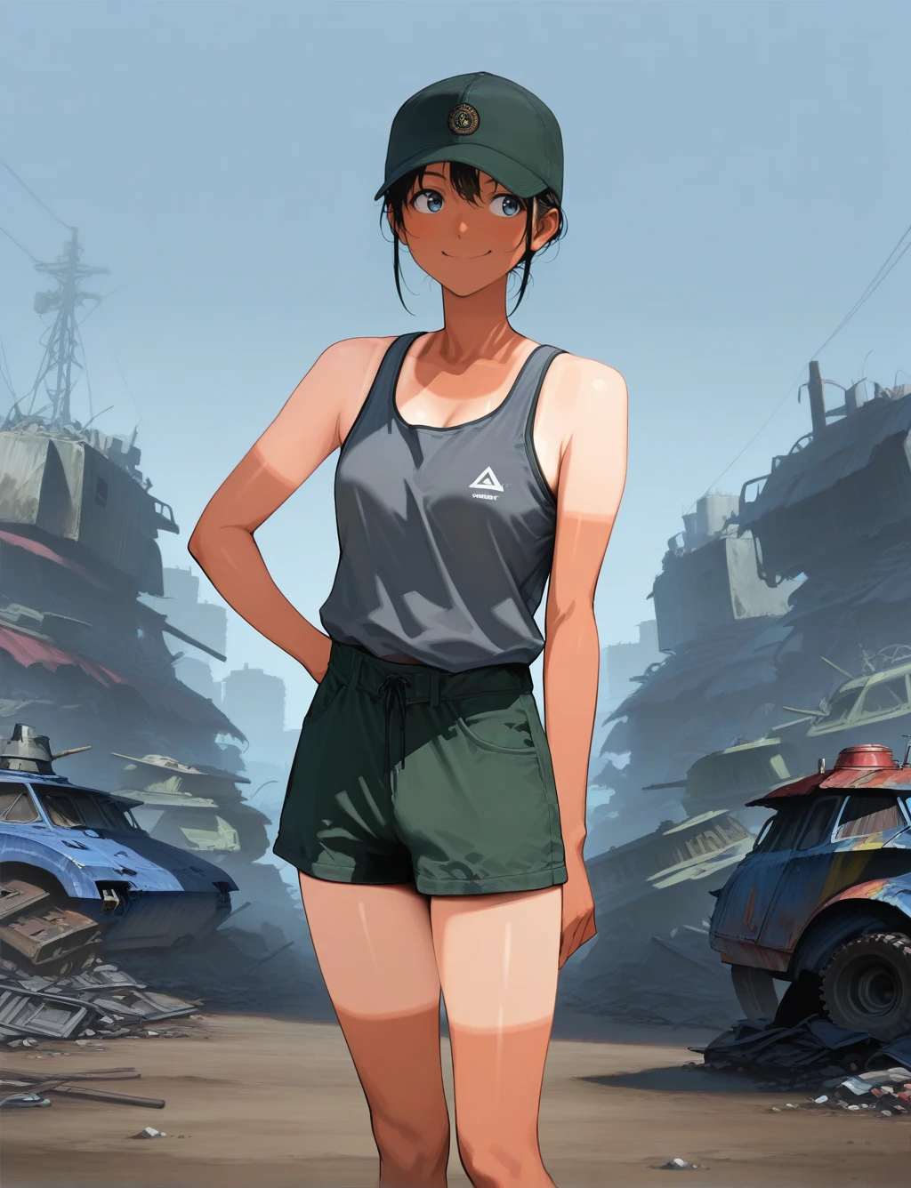 masterpiece,best quality,higres illustration,detailed face,1girl,<lora:nb_tanlines_IL:1>,tanlines,tank top,shorts,junkyard,cap,smile,