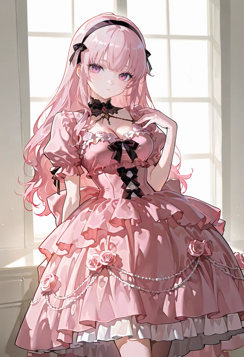 1girl,solo,looking at viewer,ikeda ruriko,sweet rose dress,short sleeves, frills, puffy sleeves, pink dress, mori_calliope