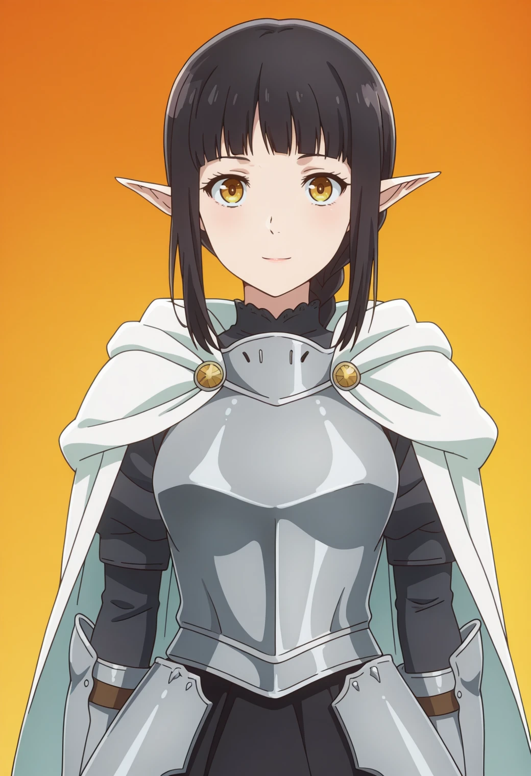 masterpiece, best quality, amazing quality, anime coloring, anime screencap, 1girl,  <lora:DX888KuroIL:1> kuro, pointy ears, yellow eyes, black hair,  platinum blonde hair, short hair with long locks, drill hair,  braided ponytail,     Paladin, armored, golden, white cape,   holy armor, breastplate,, light smile,   BREAK (simple background:1.2),  orange  background pastel background,    w, cowboy shot,