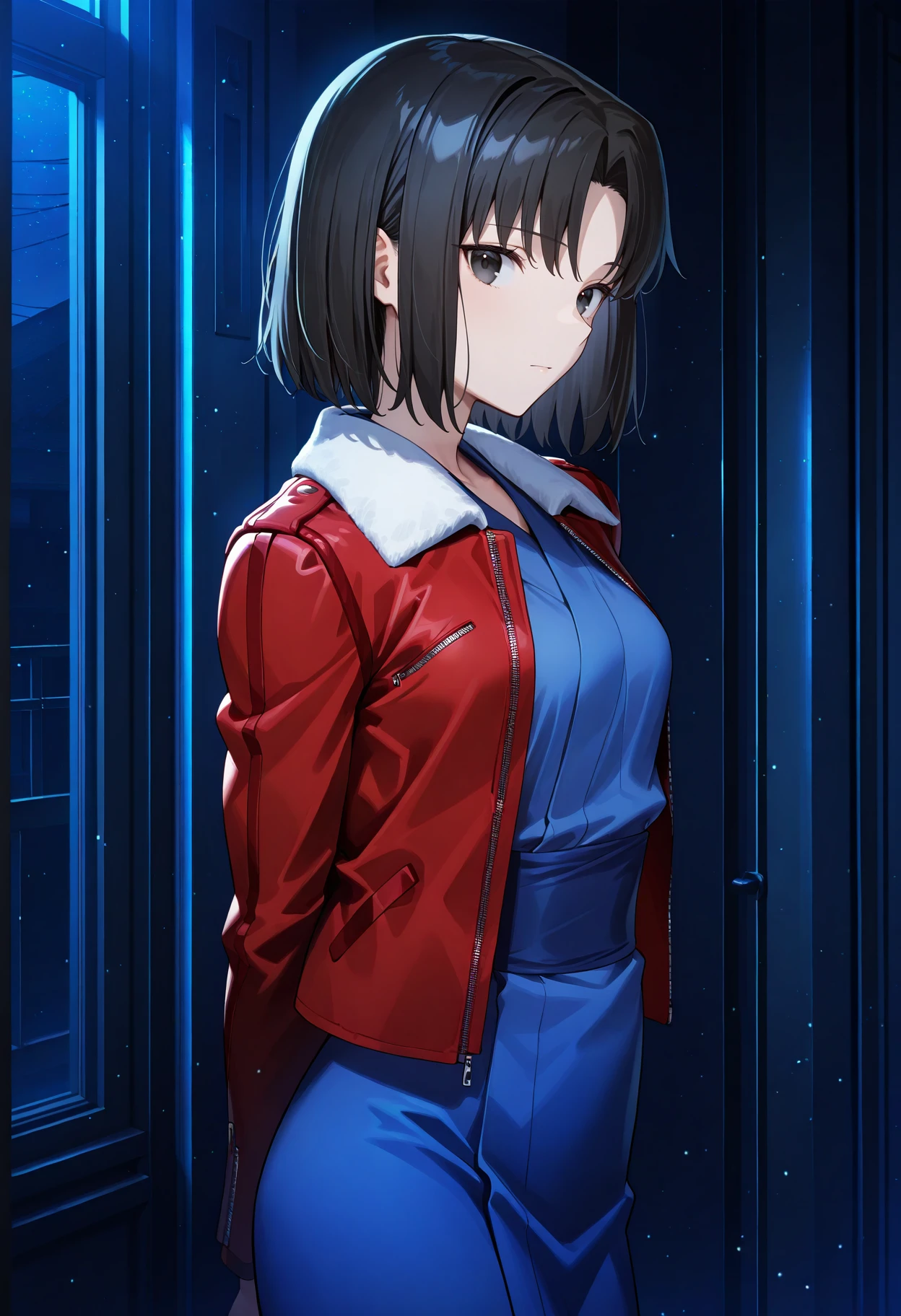 masterpiece,best quality, r_shiki, 1girl, solo, short hair, parted bangs, black hair ,black eyes, red fur-trimmed jacket,blue kimono, japanese clothes,sash,long sleeves, small breasts, from side, arms behind back,looking at viewer,night,dark, light particles, blue theme, <lora:r_shiki2_IL-000009:0.9>