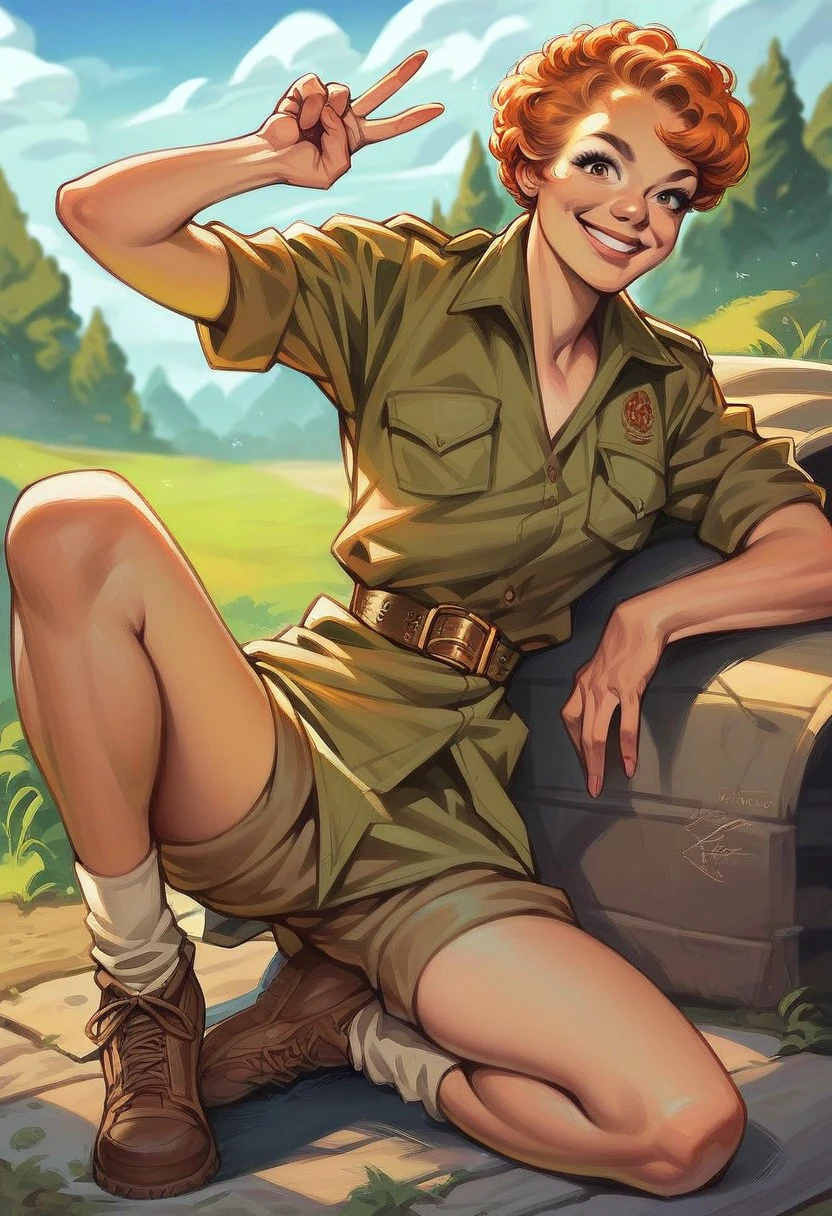 score_9_up, score_8_up, score_7_up, score_6_up, 1girl, solo, short orange hair, military uniform, belt, brown shorts, brown footwear, peace sign, outdoors, in an army camp, sweet smile, looking at viewer, (realistic), (painted art)