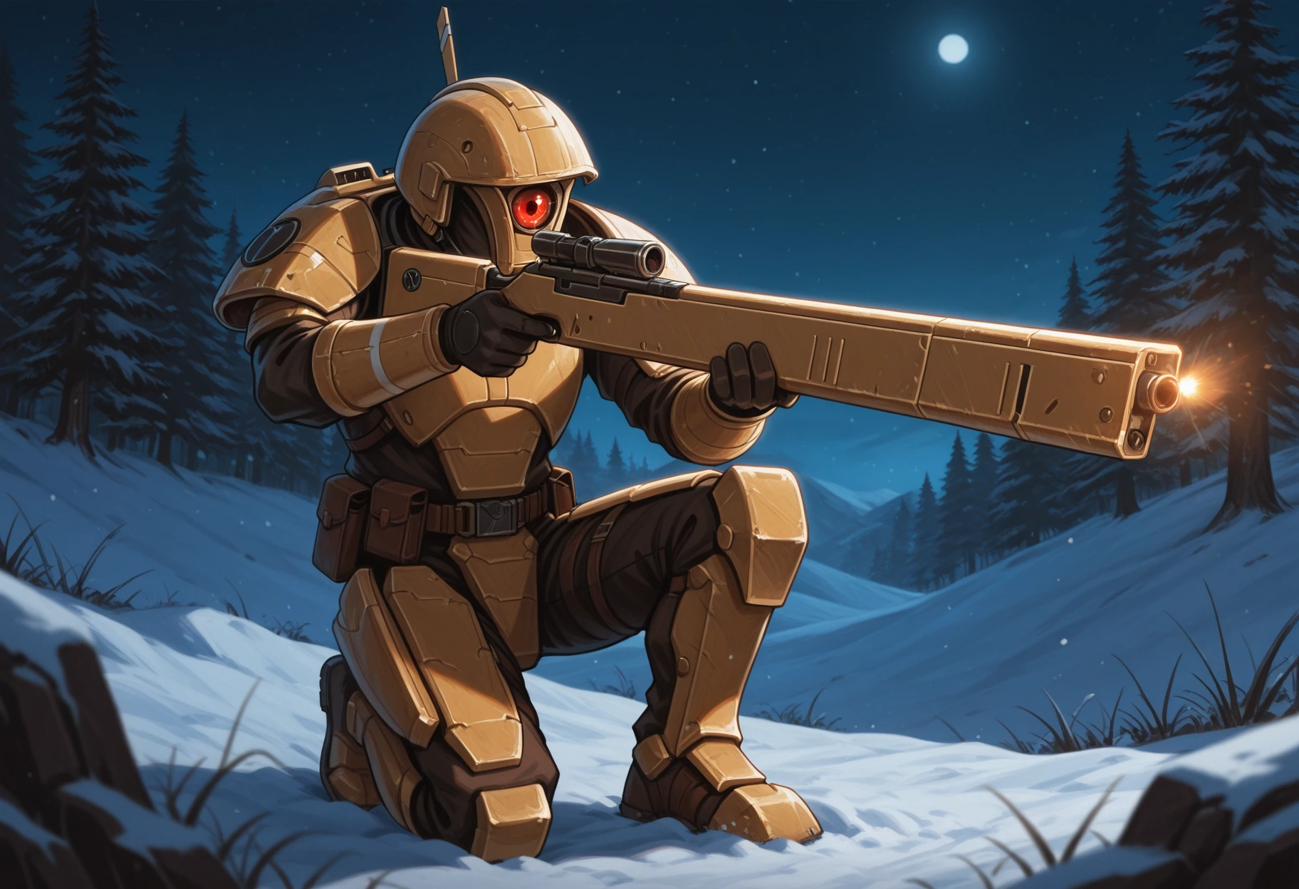 <lora:tau-il:1> tau-il
outdoors, snowy
1boy, armor, helmet, solo, rifle, on one knee, aiming, faceless, one-eyed, masterpiece, best quality, dark, night, night time, dim lighting