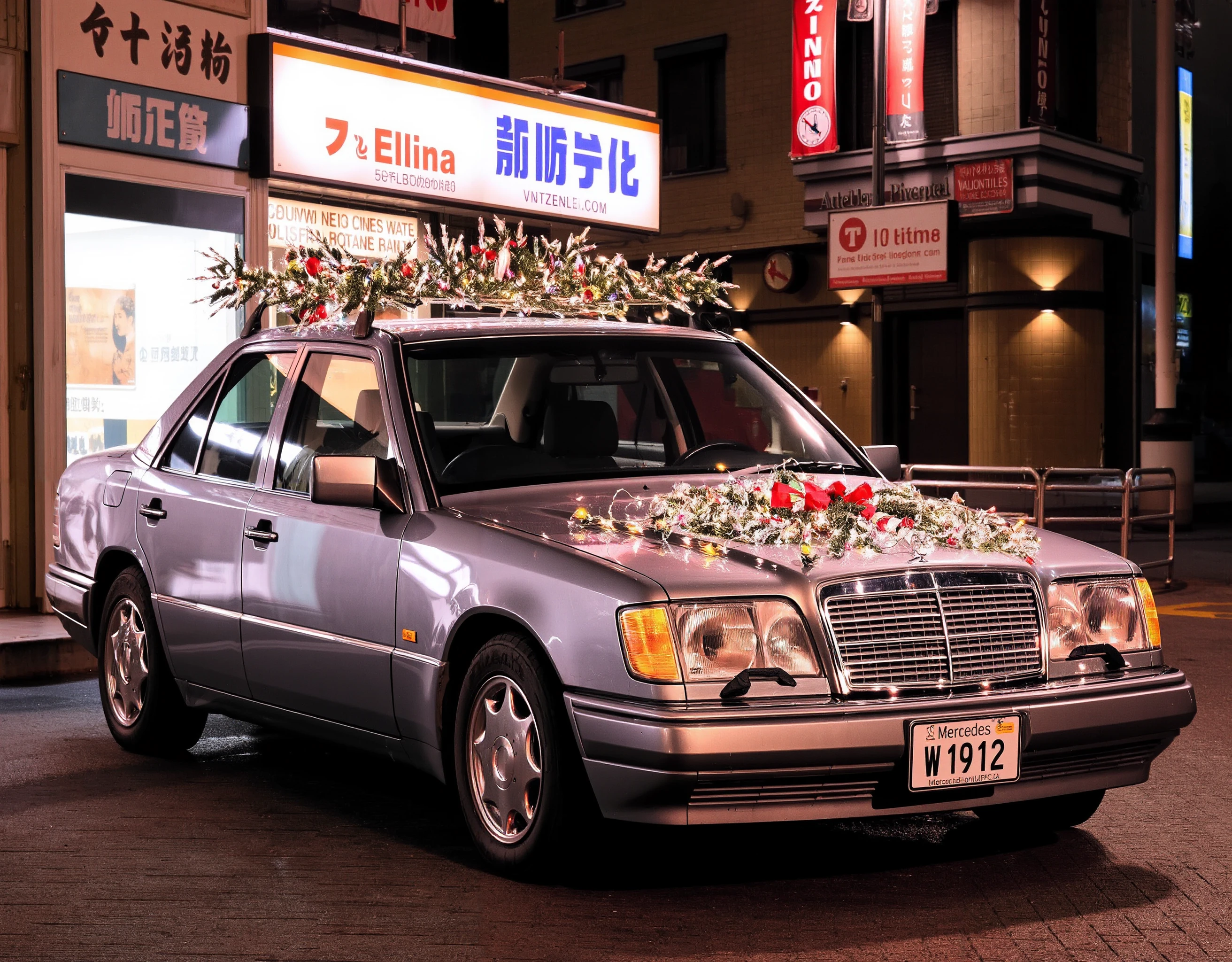 a mercedes W124 christmas car, with christmas lights decorations, in a tokyo street at night, with <lora:Christmas_car:1> <lora:w124_flux:1>